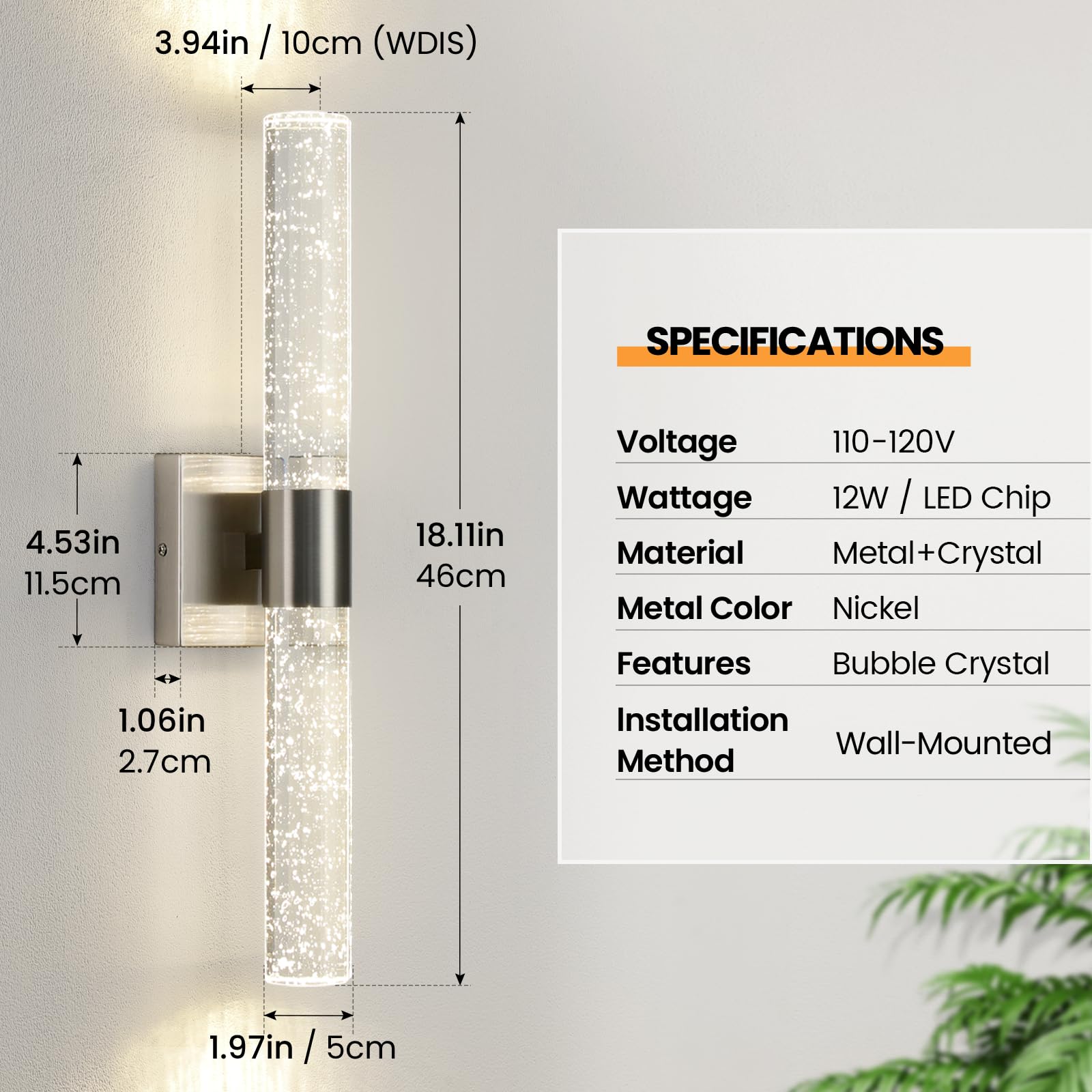 CCYCOL Modern LED Wall Sconces, 4000K Dimmable, 18 Inch, Brushed Nickel, 2-Pack, Crystal Bathroom Vanity Light Fixture