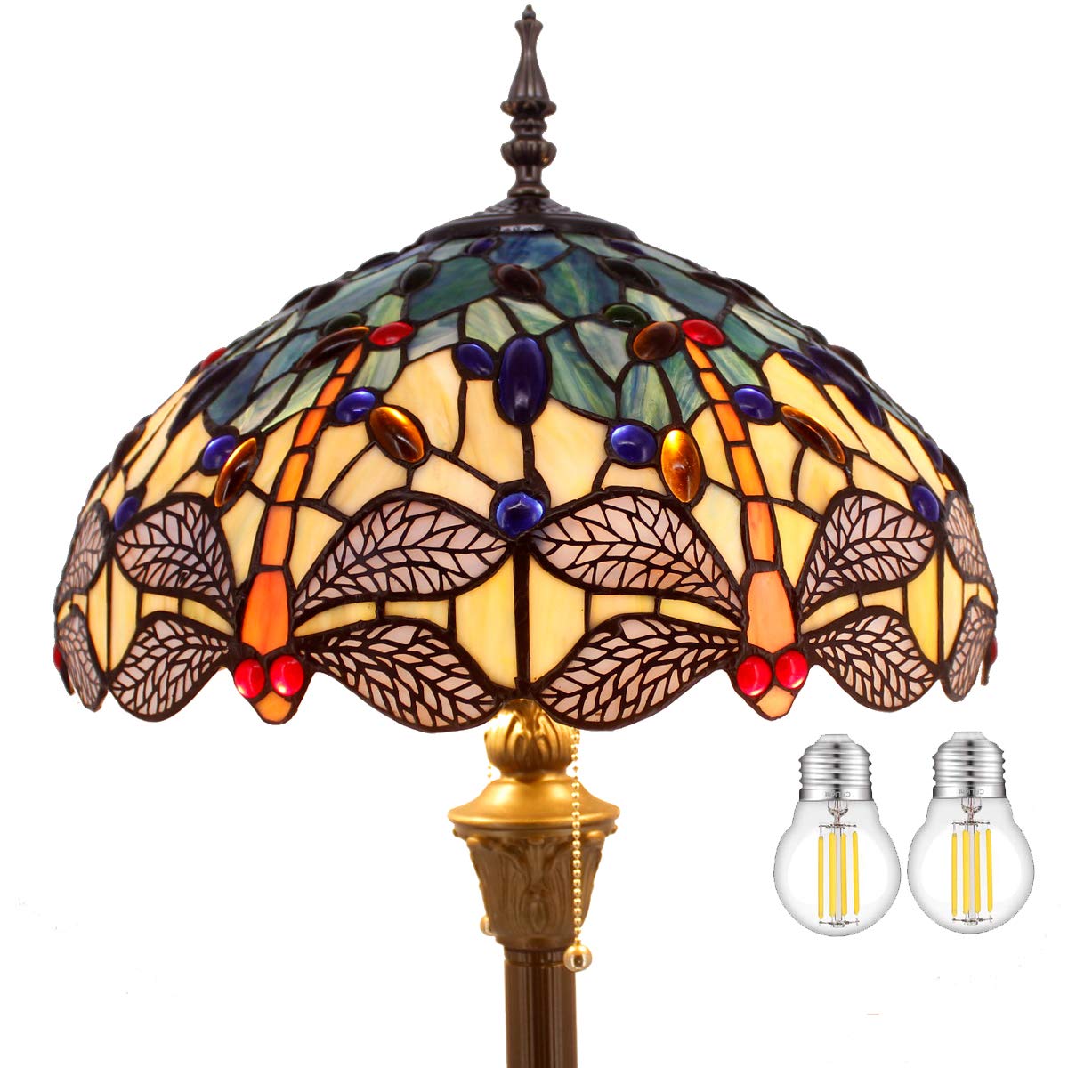 WERFACTORY Tiffany Floor Lamp Blue Yellow Stained Glass Dragonfly Standing Reading Light 16X16X64 Inches Antique Pole Corner Lam
