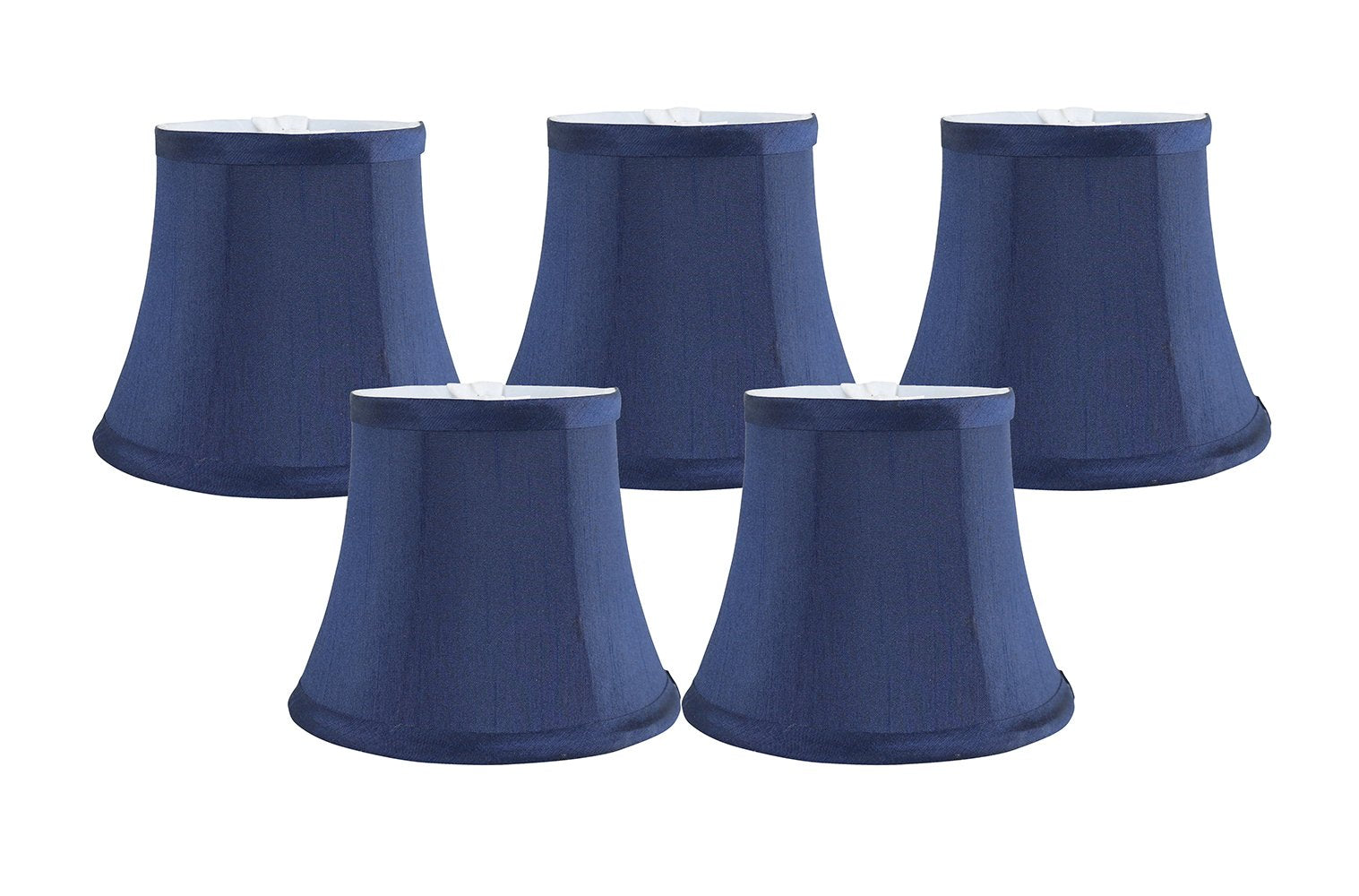 MERIVILLE Set of 5 Blue Faux Silk Chandelier Lamp Shades, Softback Bell Shape, Clip-On Fitter for Candelabra Bulbs, 4in x 6in x 5