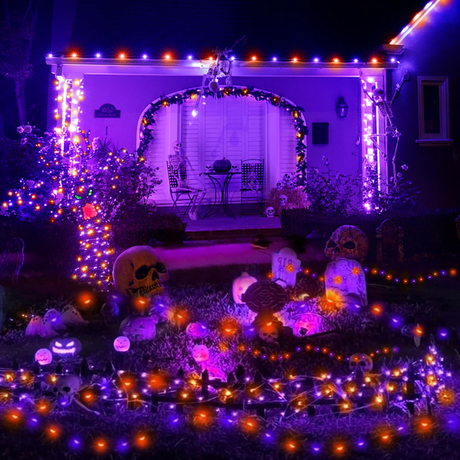 Amadecohome 2 Pack 400 Led Solar String Lights, Waterproof, 8 Modes, Orange-Purple, For Outdoor Holiday Decor, Model Sl0