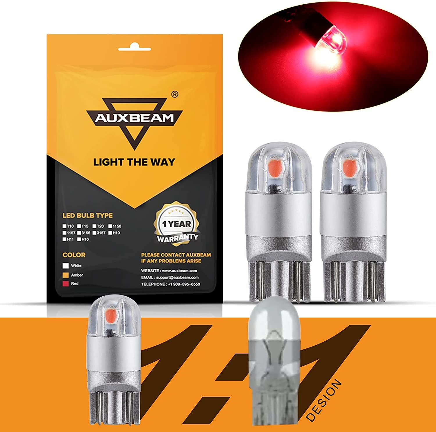 Auxbeam T10 194 LED Bulbs, Super Bright Red, Non-Polarity, 2 PCS, for Car Interior, Dashboard, License Plate, Dome, Brake Light