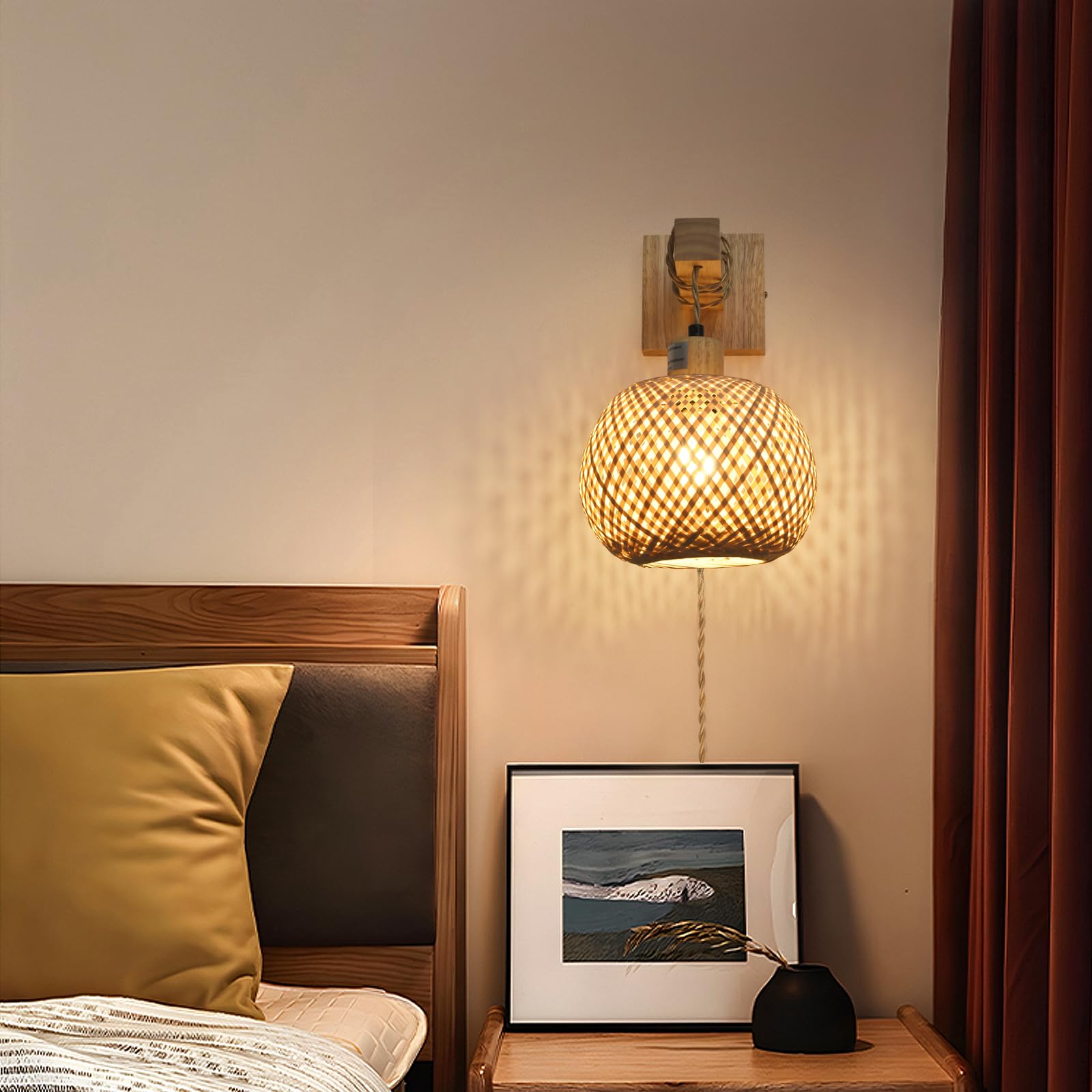 Novcand Bamboo Plug In Wall Sconces Set Of Two, Hand Woven Boho Wall Lamp Plug In Cord Wall Sconces For Bedroom Living Room Farm