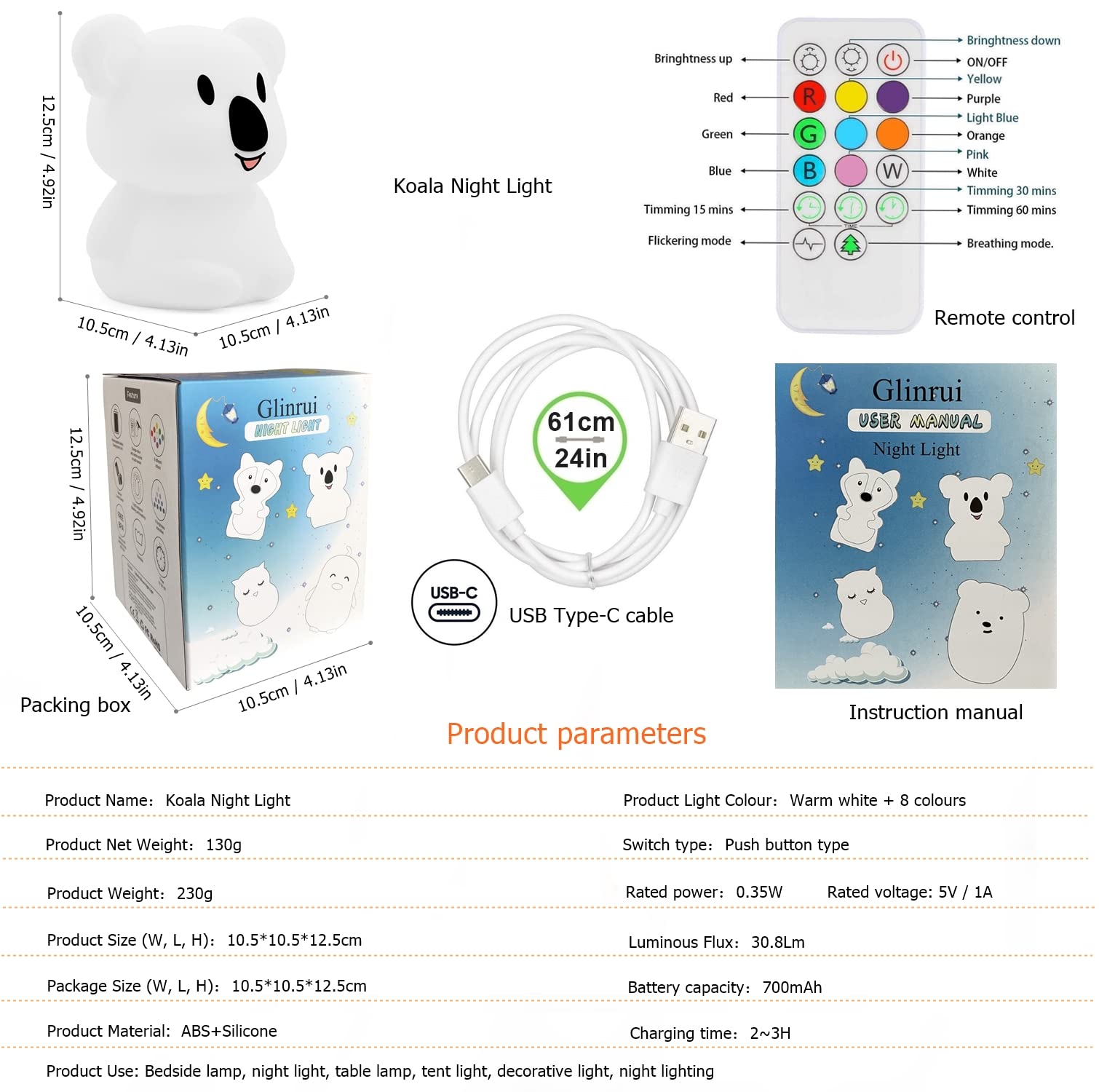 Glinrui Koala Night Light For Kids Silicone Bedside Bedroom Lighting, Baby Nursery Light Sleeping Nightlights, Color Changing Lamps - Eye Caring, Adjustable Brightness & Color, Time Setting - Medium