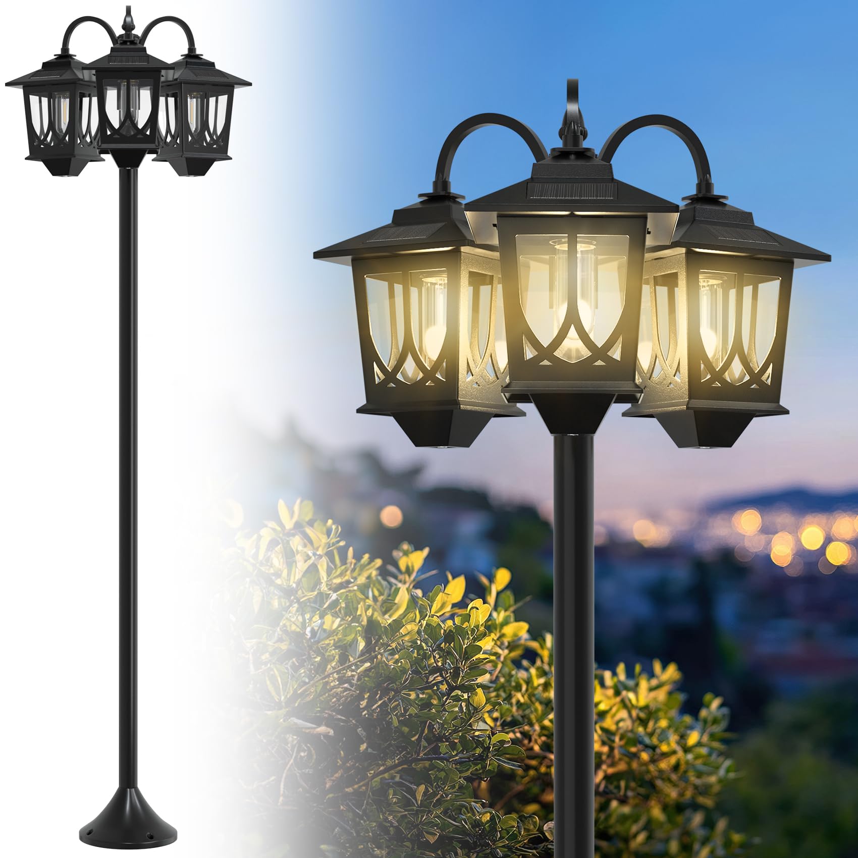 Joyoowild 73 Aluminum Solar Lamp Post Light, 3-Head Solar Light Posts for Outside Waterproof, 90Lm Outdoor Lamps for Patio, Back