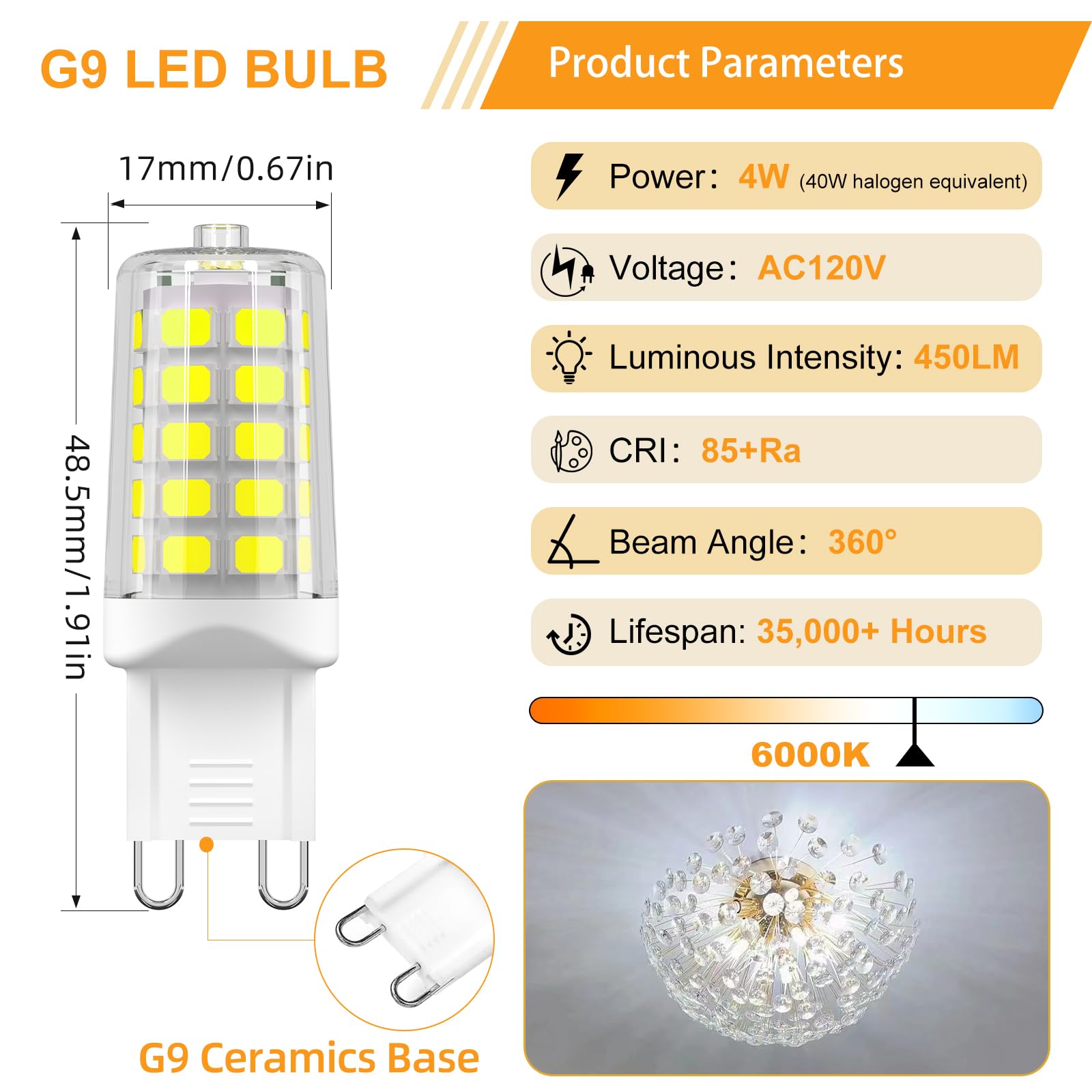 Baoming G9 Led Bulb  Daylight White 6000K  4W G9 Base Light Bulbs  40W T4 Halogen Equivalent  Bi Pin Base G9 Chandelier Lighting  No-Flicker 360?Eam Angle  120V 450Lm  12-Pack