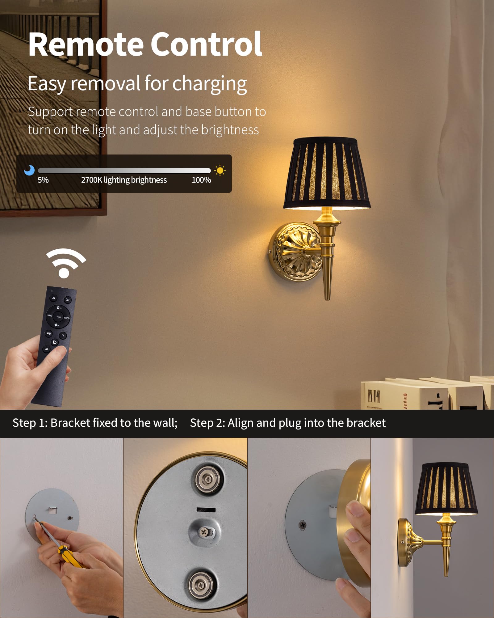 KDG Cordless Wall Sconces Set of 2, Fabric LED Battery Lamps, Black Shade, Portable Lighting for Living Room, Bedroom, Hallway