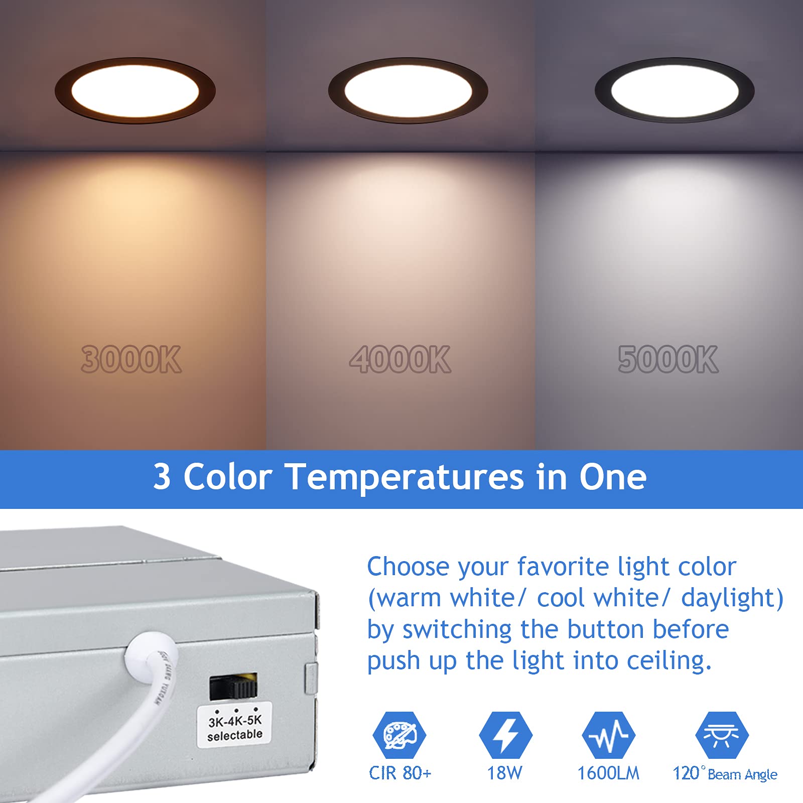 Pelogona 8 Inch Led Recessed Light Canless, Dimmable & 3 Color Temperature Selectable, 18W, Bright 1600Lm, 120V, Ic Rated, Etl, Black, 12 Pack