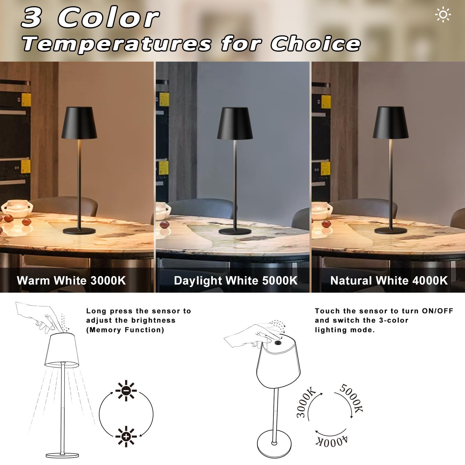 Kakanuo Cordless LED Table Lamp - Rechargeable, Touch Control, 3 Color Temperatures, Dimmable, Black, 1 Pack