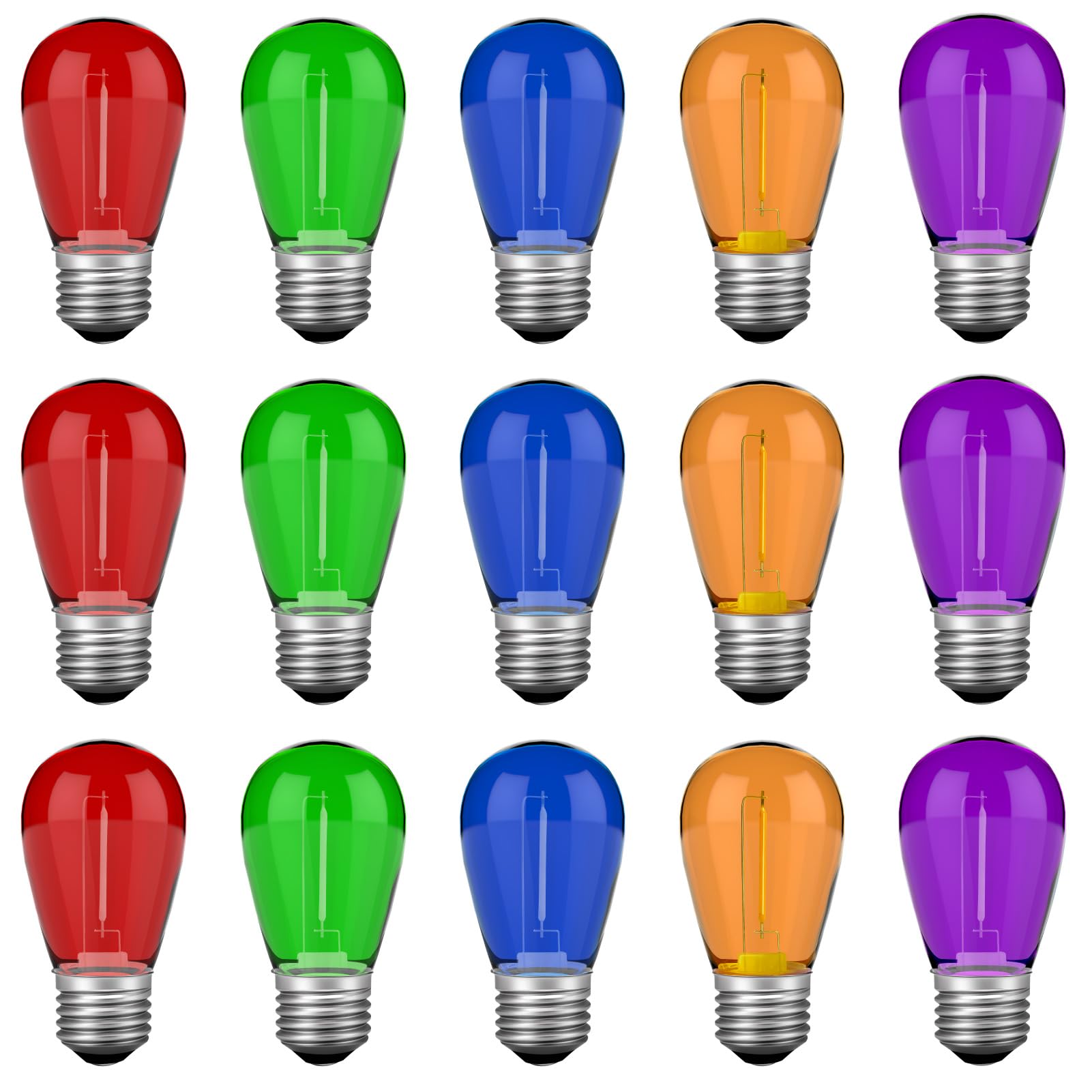 VISTERLITE S14 LED String Light Bulbs, 15 Count, Shatterproof Plastic, Multi-Color, E26 Medium Base, Model VS141W4C15P