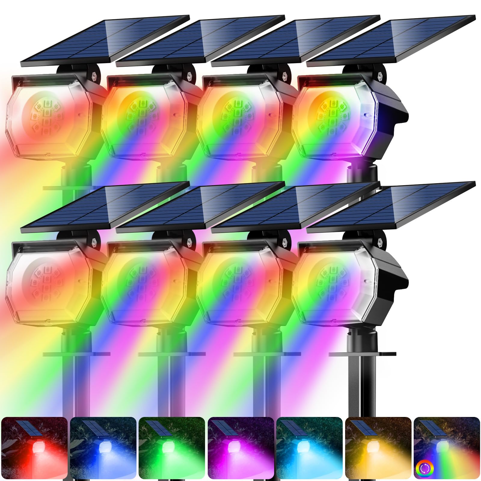 btfarm Solar Lights Outdoor Waterproof IP65-8 Pack LED Color Changing Spot Light 7 Lighting Color RGB Spotlights, Uplight for Ya