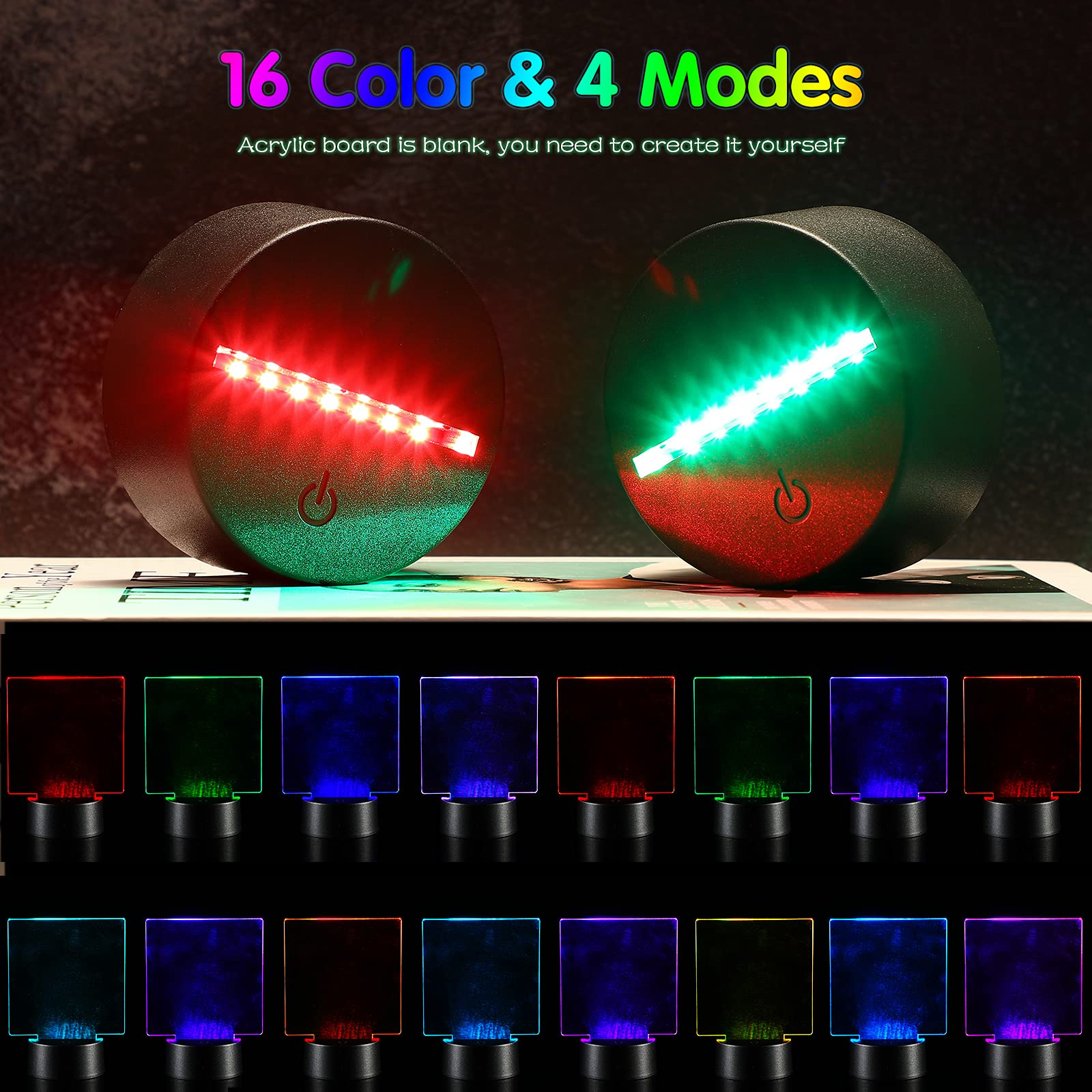 Honoson 3D Night LED Light Lamp Set, 6 Bases, 6 Acrylic Sheets, Remote Controls, 16 Colors, Clear