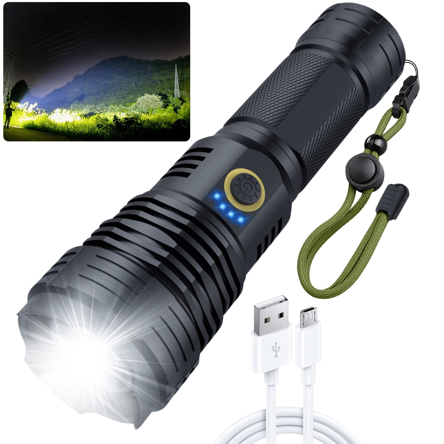 Amzyigou Flashlights High Lumens 1000000, Super Bright Rechargeable Flashlight High Power, Led Tactical Flashlights Waterproof W