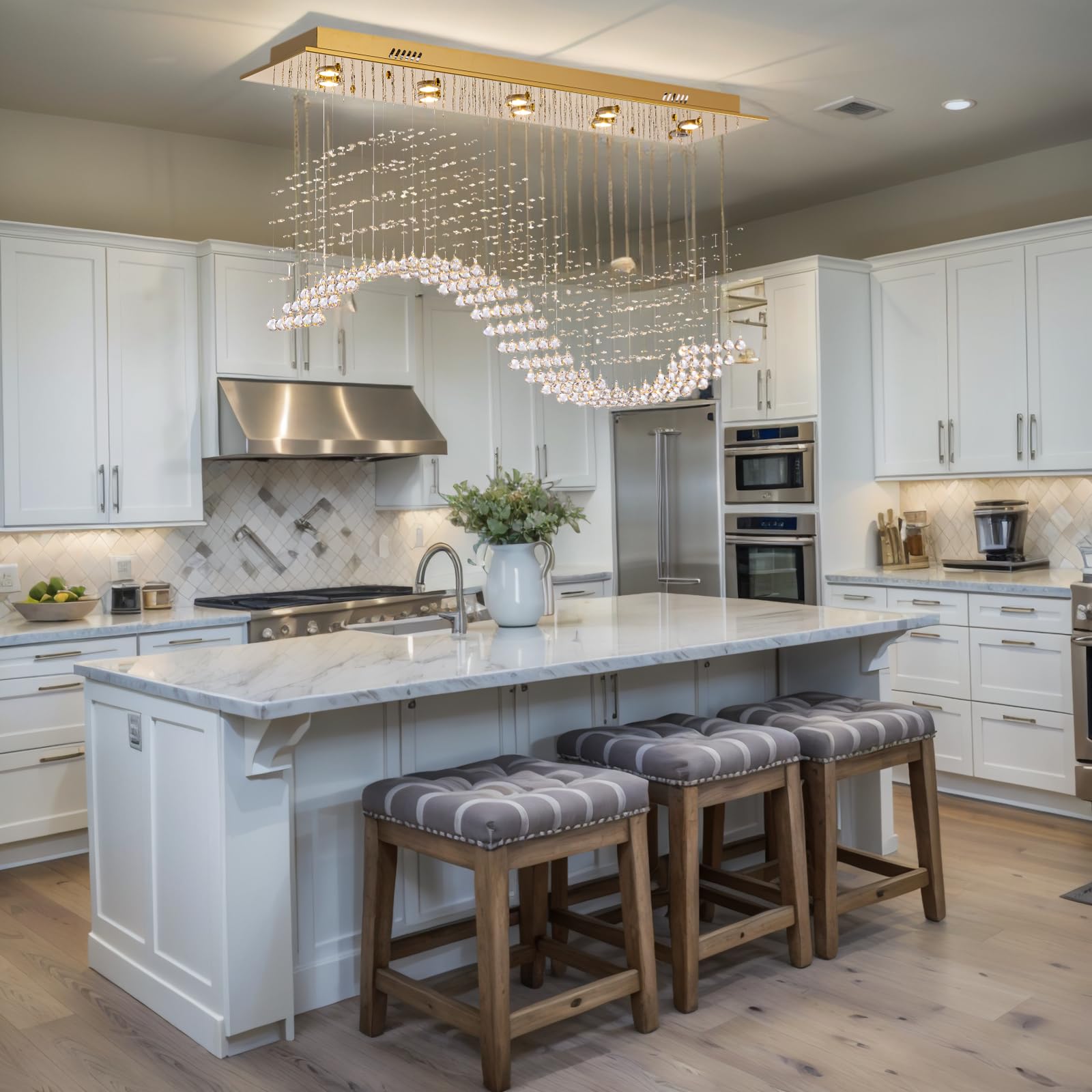 Siljoy 10-Light Crystal Chandelier, Gold Rectangular Pendant Light, L40"xW11.8"xH35.4", Stainless Steel for Dining Room & Kitchen