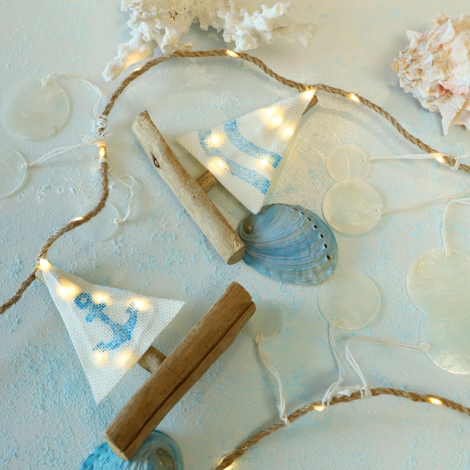 Miya Life Nautical Decor Sailboat Ocean Light With Capiz Wind Chimes - 6.5Ft 70Led Beach Garland With Lights Battery Operated Wi