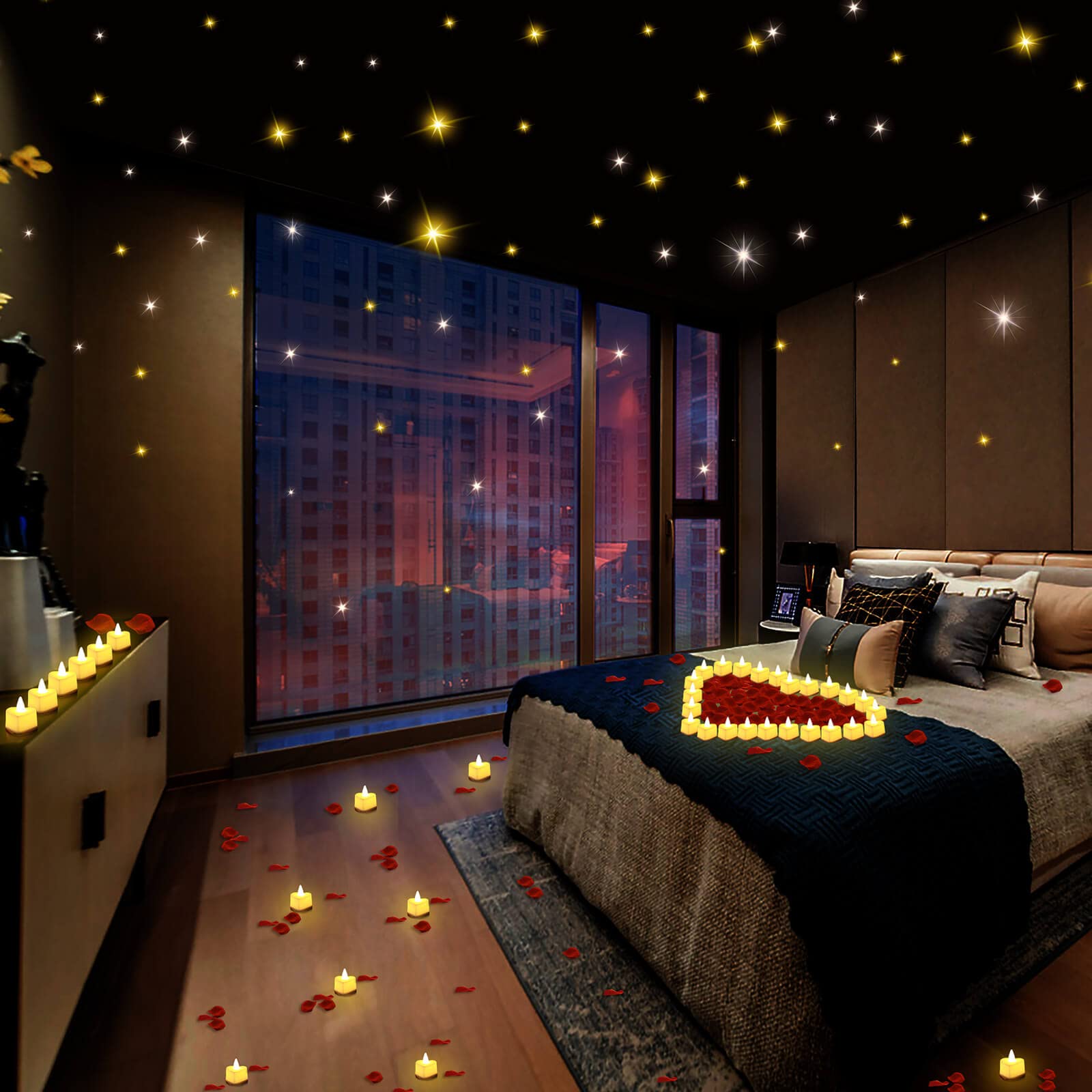 Caffox 3000Pcs Rose Petals With 36Pcs Led Tea Lights Candles, Rose Petals For Romantic Night For Her Set, Romantic Decorations For Special Night, Valentine'S Day, Wedding, Anniversary Decorations