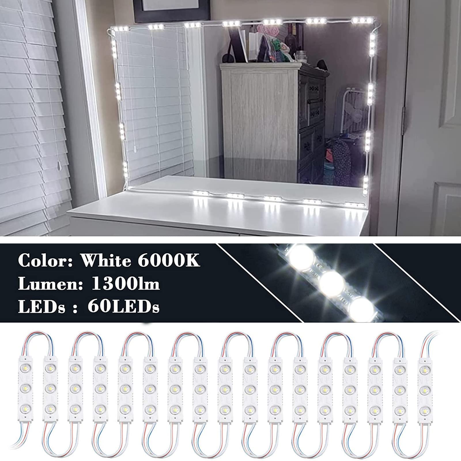 Kintion LED Vanity Mirror Light, 60pcs Ultra Bright White, 9.8ft Dimmable Waterproof Strip Light, Memory Function, Breath Mode