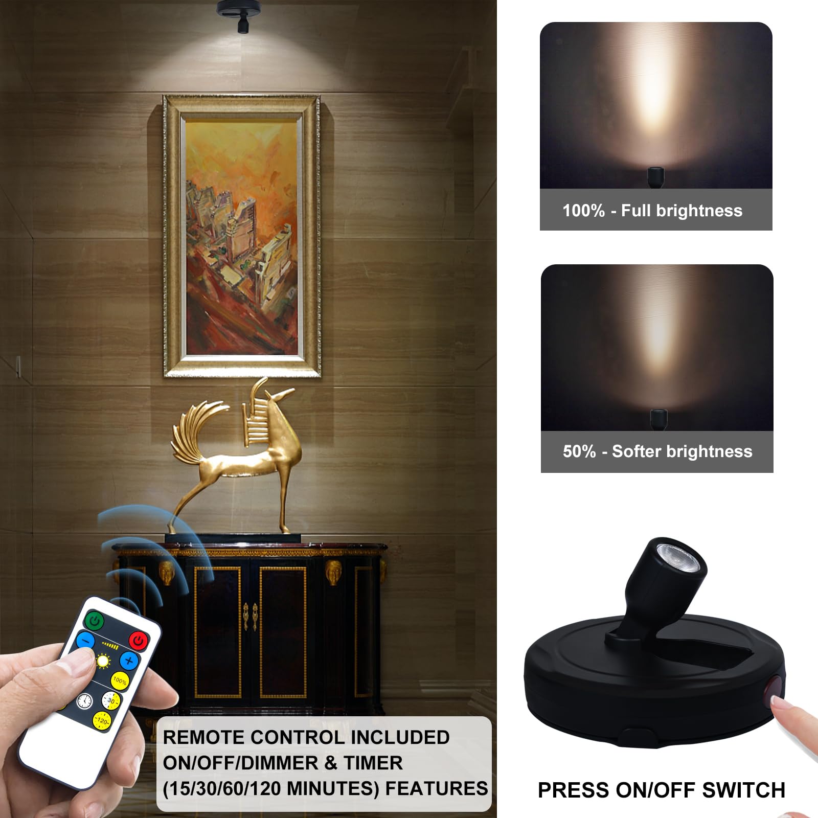 HAMVIDNE Wireless LED Spotlight - Battery Powered Uplighting Picture Lights with Remote for Wall Art & Closet Display, Black