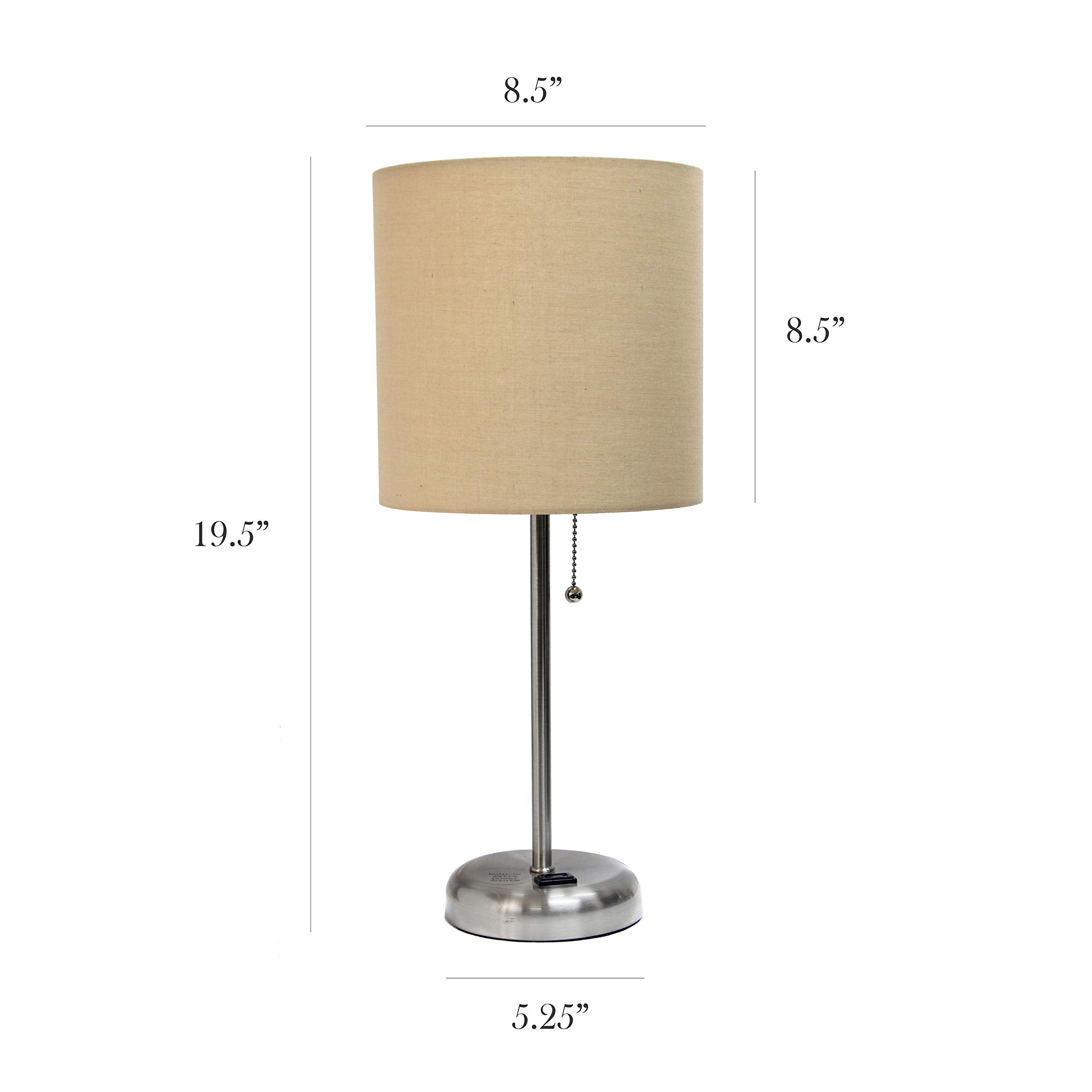 Simple Designs Lc2001-Tan-2Pk Brushed Steel Stick Table Lamp Set With Charging Outlet And Tan Fabric Shades, 2 Pack Set