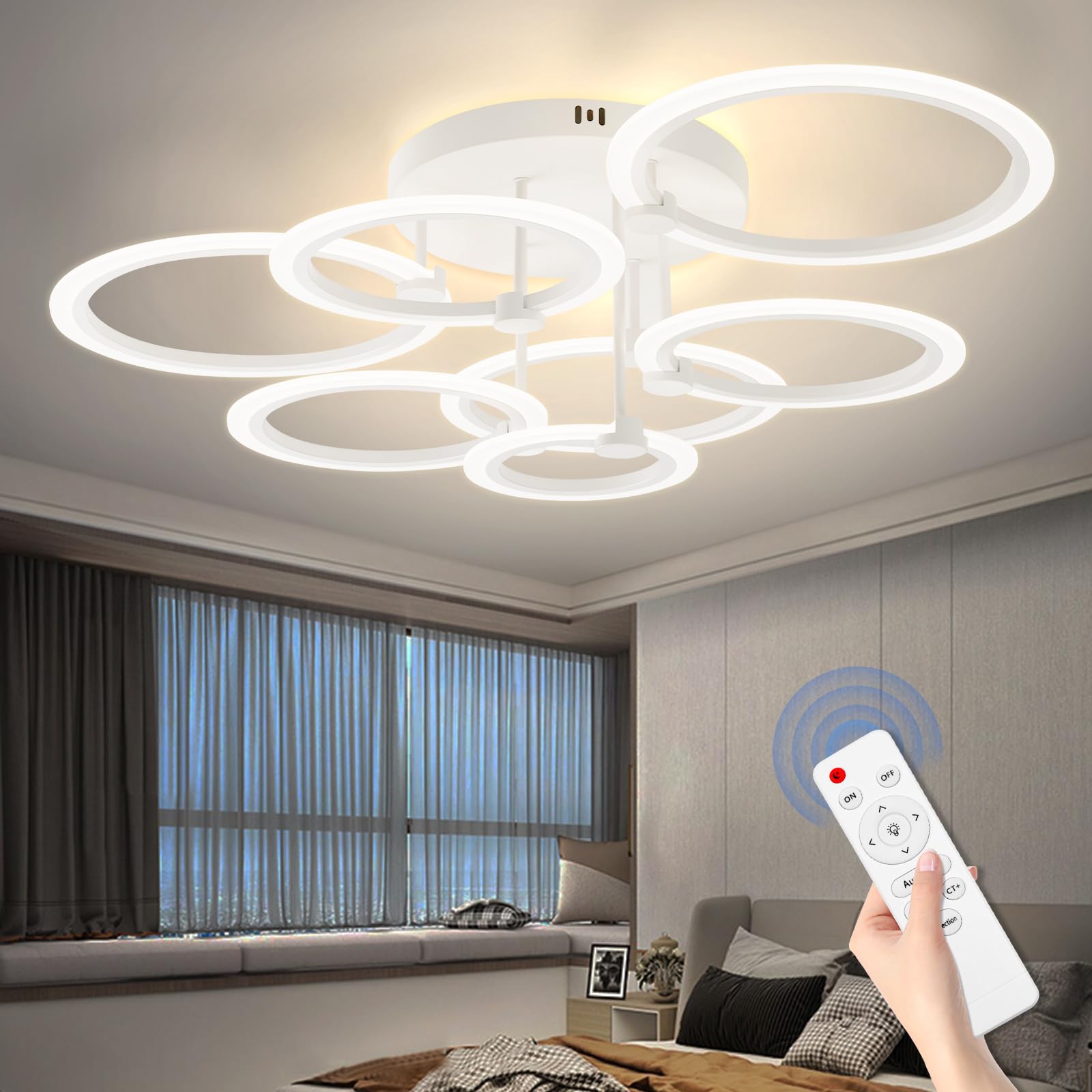 Seable Modern Led Ceiling Light, Dimmable 7 Rings Flush Mount, 130W 3000K-6500K For