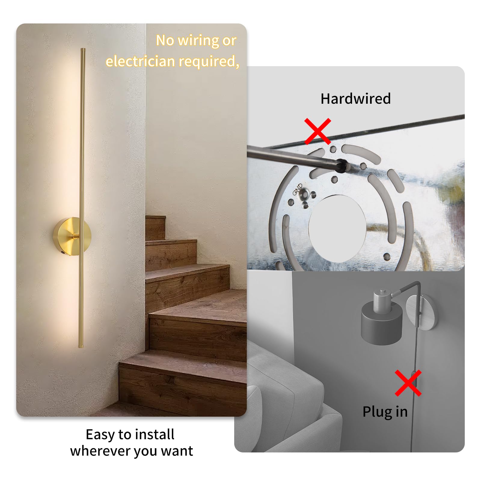 HONGREN 40in Gold Battery Operated Wall Sconces, LED Dimmable with Remote Control, Set of Two, Modern Metal Design
