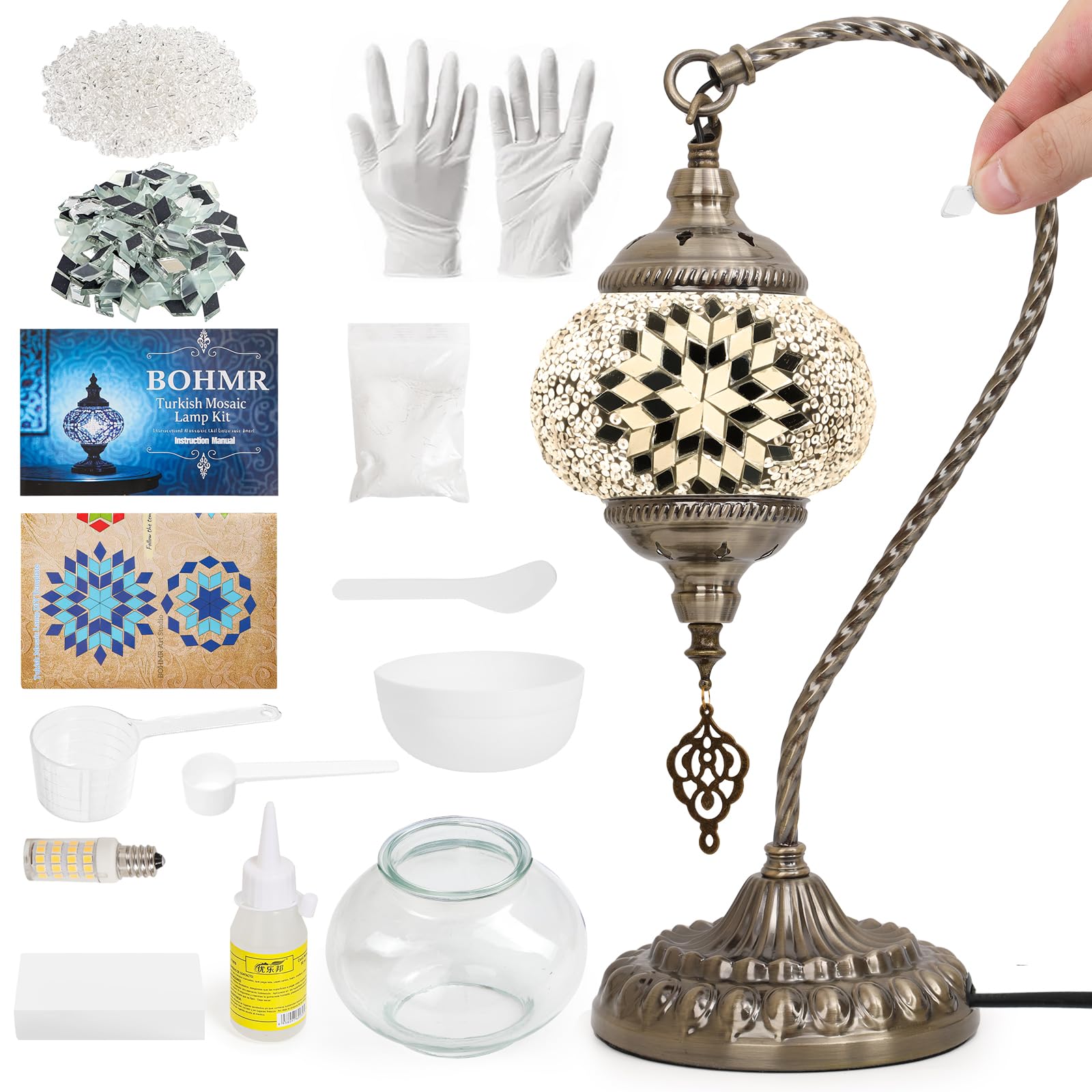 BOHMR DIY Turkish Mosaic Lamp Kit for For Mature Userss Swan-Neck Stained Glass Lamp Making Kit- Easy Fun No Experience Needed  Mosaic Art & Craft Project Kits for For Mature Userss & Teens Make Your Own Table Lamp White