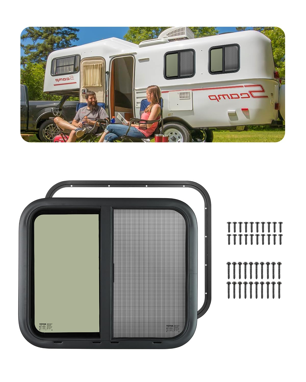 VEVOR Horizontal RV Window, 24 W x 20 H Tinted Sliding RV Window with Net Screen & Trim Ring, Fit 15/16-1 3/4 Thickness Wall, RV