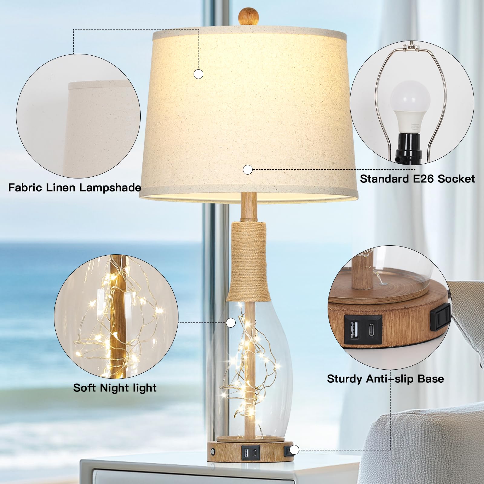 28'' Coastal Table Lamps For Bedroom Set Of 2, Farmhouse Glass Lamps With 3-Way Dimmable Touch Control Fairy Lights & Type-C Cha