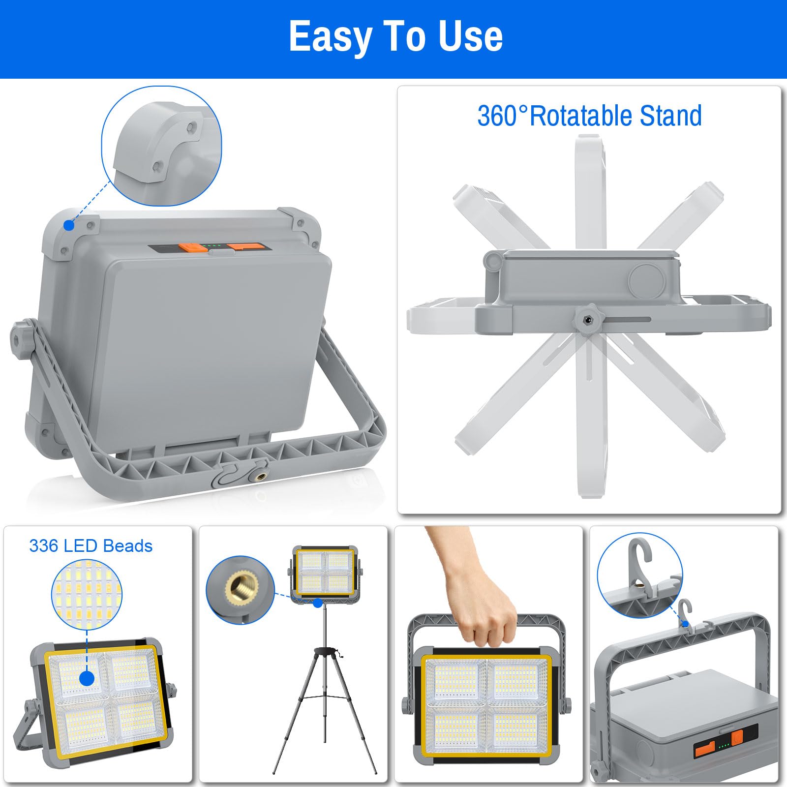 ERAY Rechargeable LED Work Light, 9000mAh Battery, Dual Solar Panels, Model SM-S8, Grey