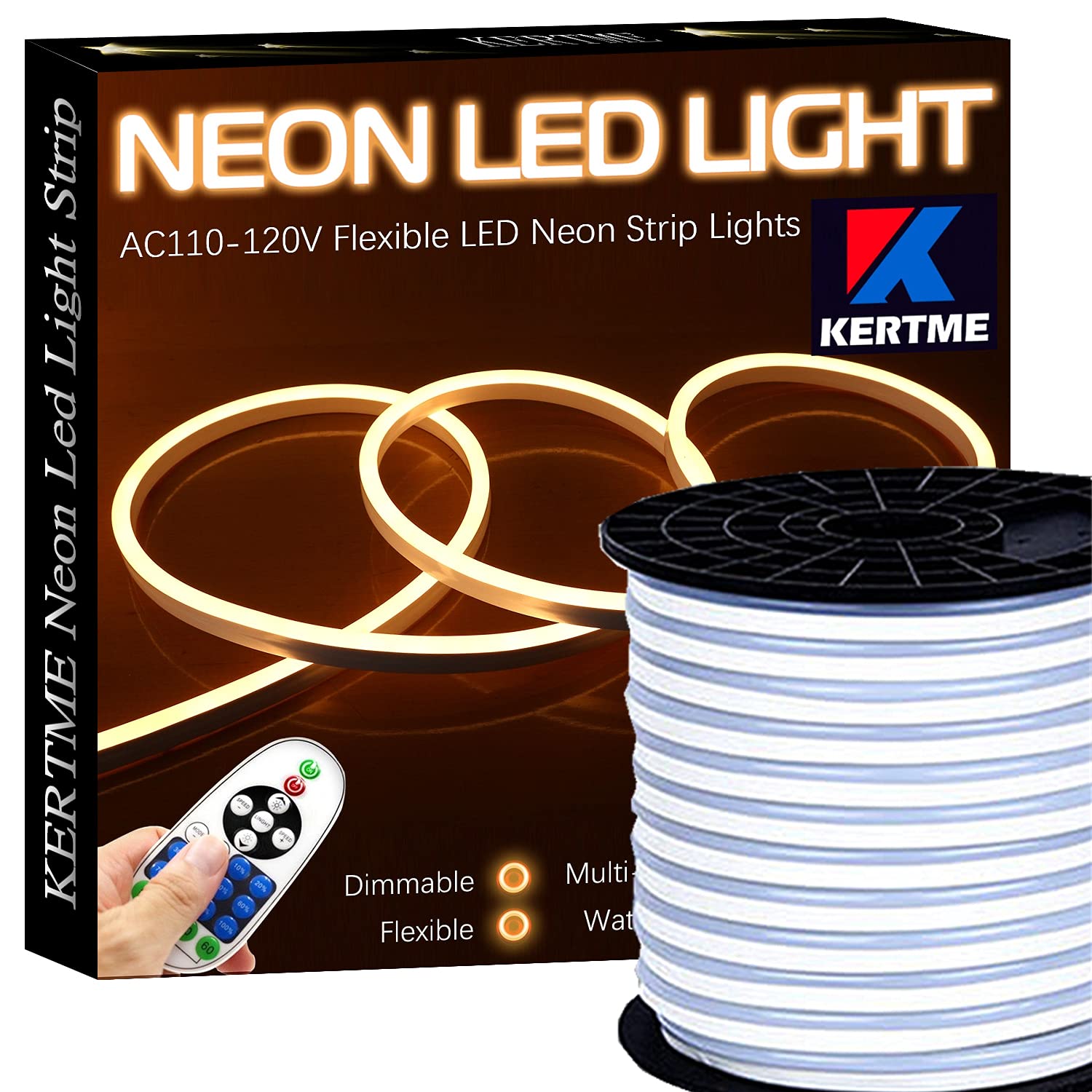 KERTME LED Neon Light Strip, Waterproof & Dimmable, 32.8ft, Warm White, Model Neon LED-WW-10M