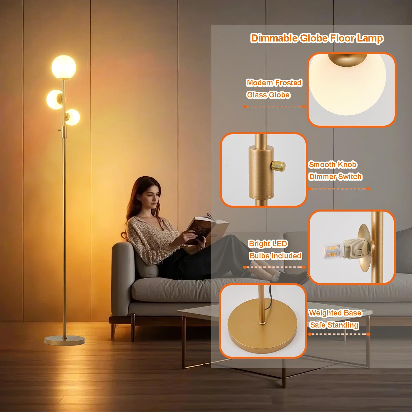 Fiqevs Upgraded Dimmable 3 Globe Floor Lamp, Mid Century Modern Gold Standing Lamp With 800 Lumens Led Bulbs & Eye-Caring Froste