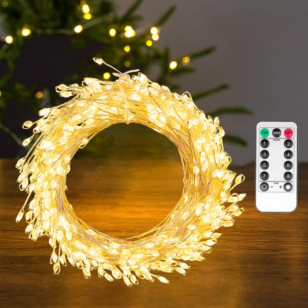 PCORES Fairy Lights Plug in, 10FT 100LED Firecracker String Lights Waterproof Silver Wire, for Bedroom/DIY/Party/Garden/Porch/Patio/Backyard/Christmas Tree, with Remote Timer & 8 Modes, Warm White