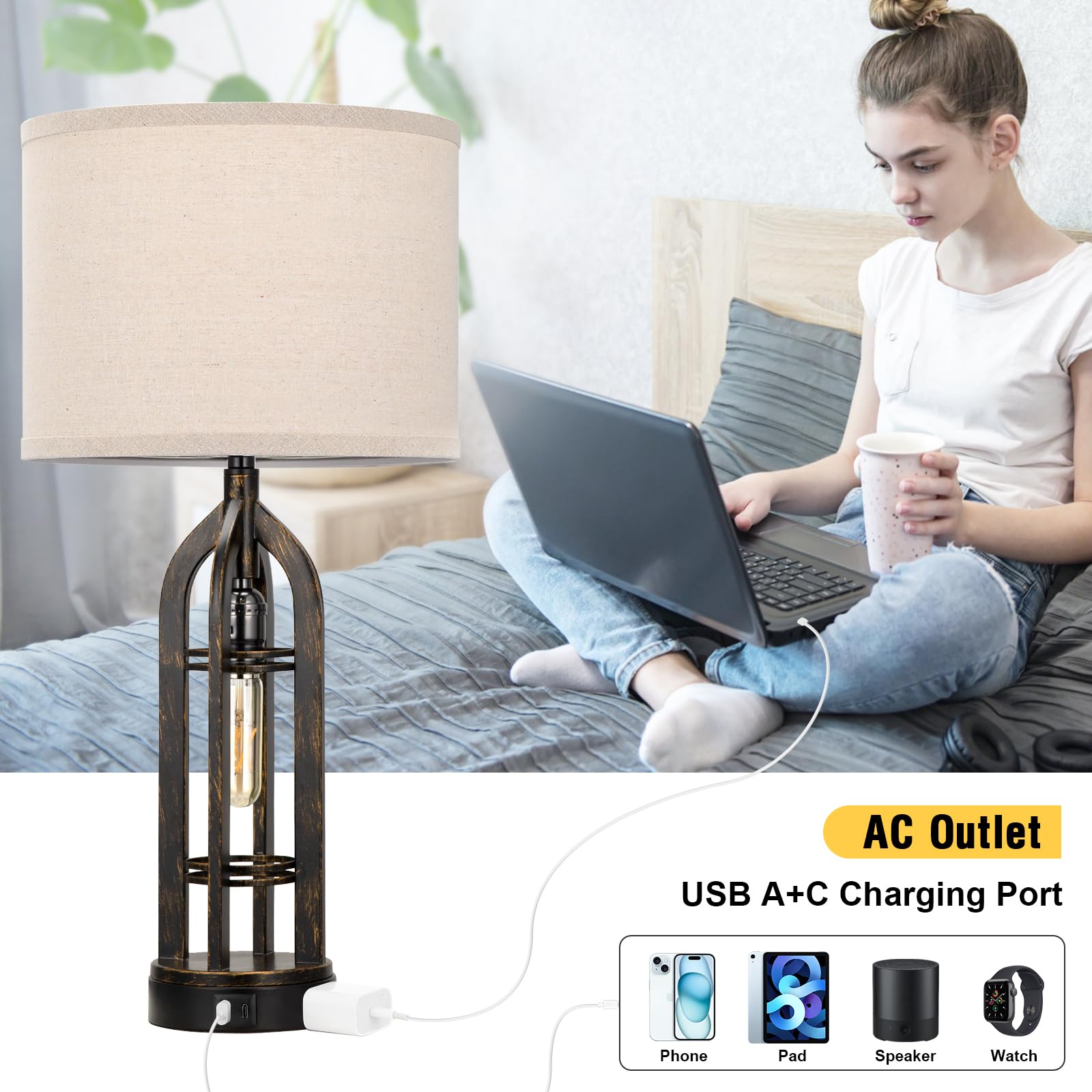 Seealle Table Lamp Set of 2 - 3-Way Dimmable Touch Lamps, E. Oat Shade & Bronze, Ideal for Living Room and Bedroom Night Stands