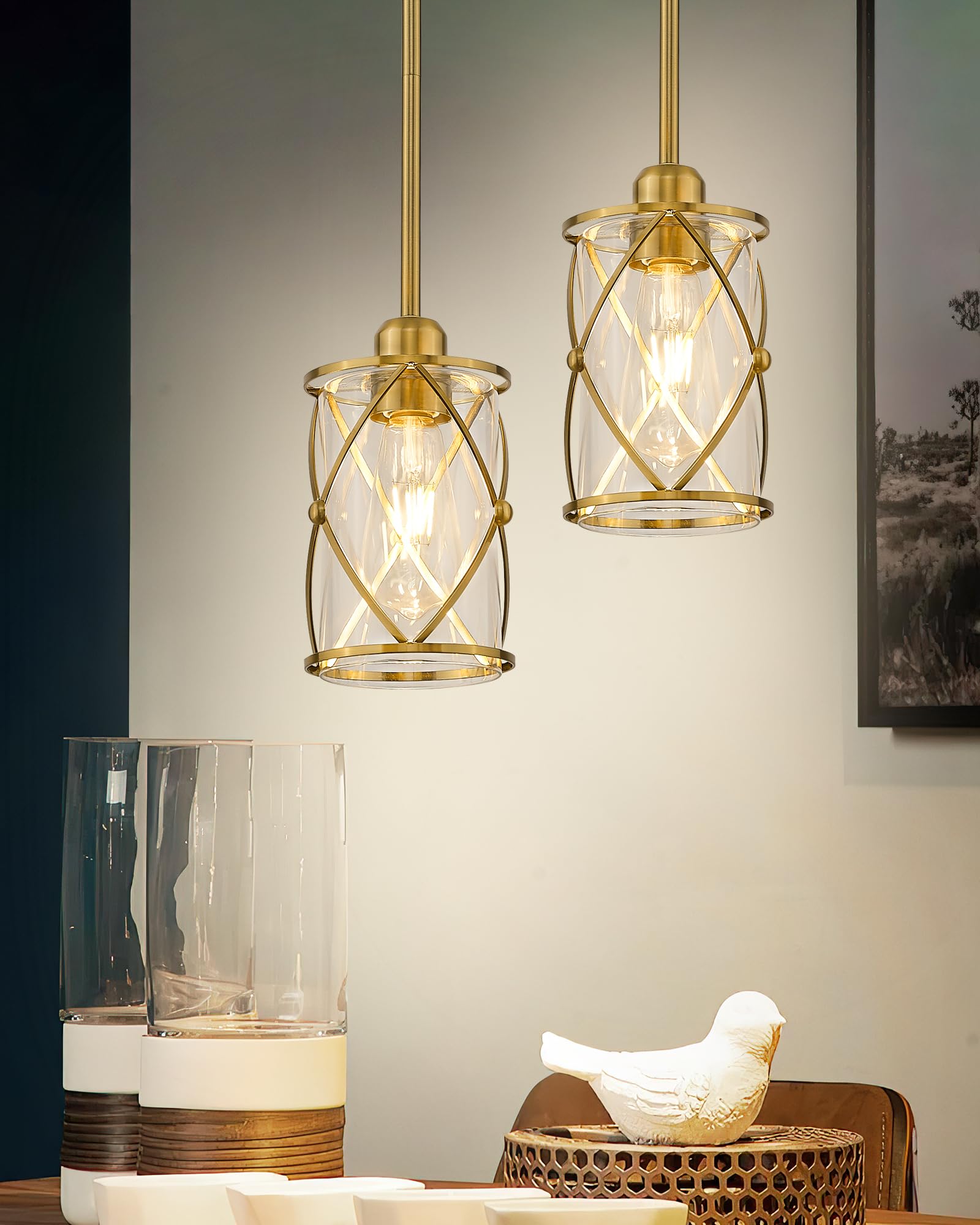 Osimir Brushed Gold Pendant Lights, 2 Pack Clear Glass Farmhouse Hanging Fixtures For Kitchen