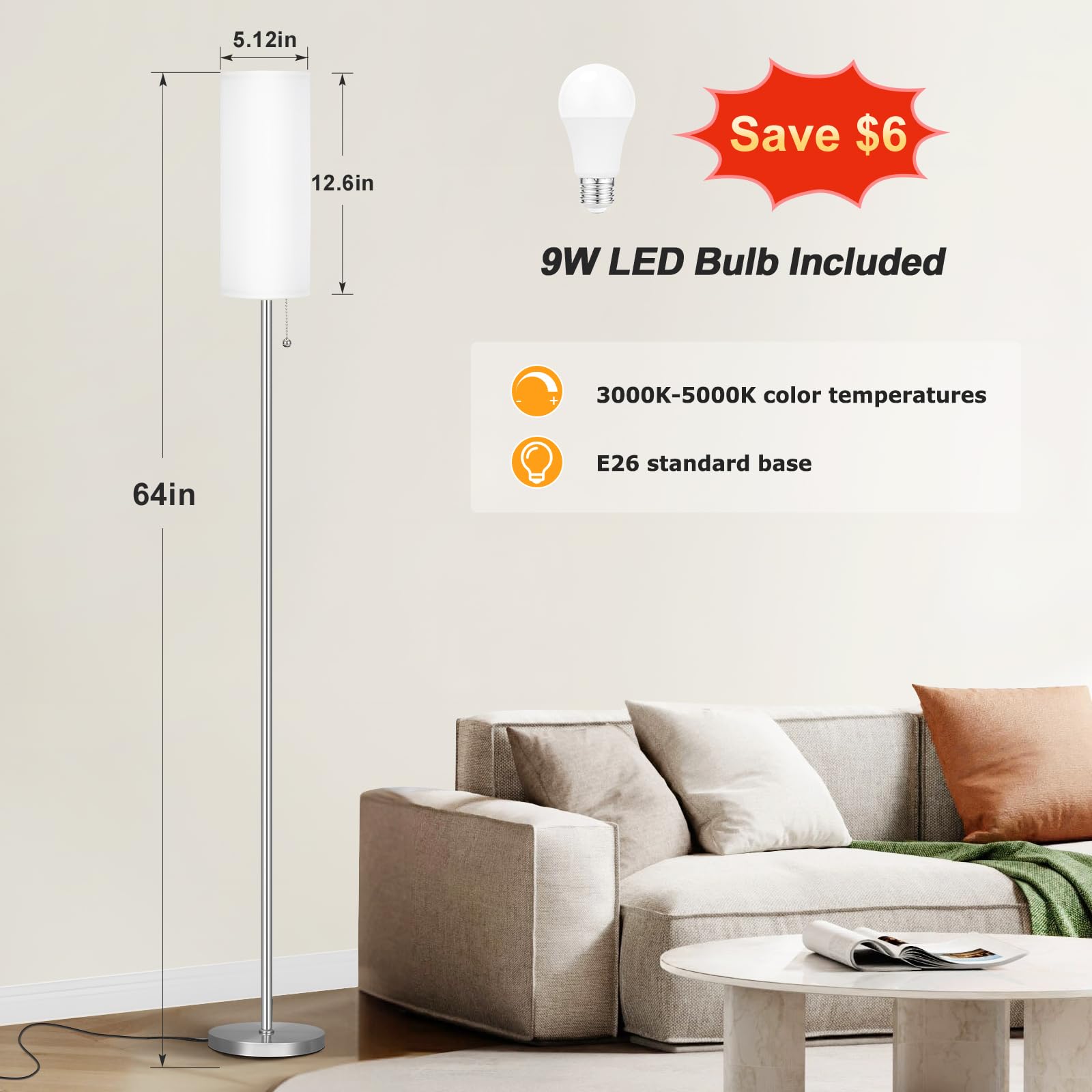 Ambimall Floor Lamp For Living Room With 3 Color Temperatures Bulb, 64'' Standing Lamp With Linen Lampshade For Bedroom, Minimal