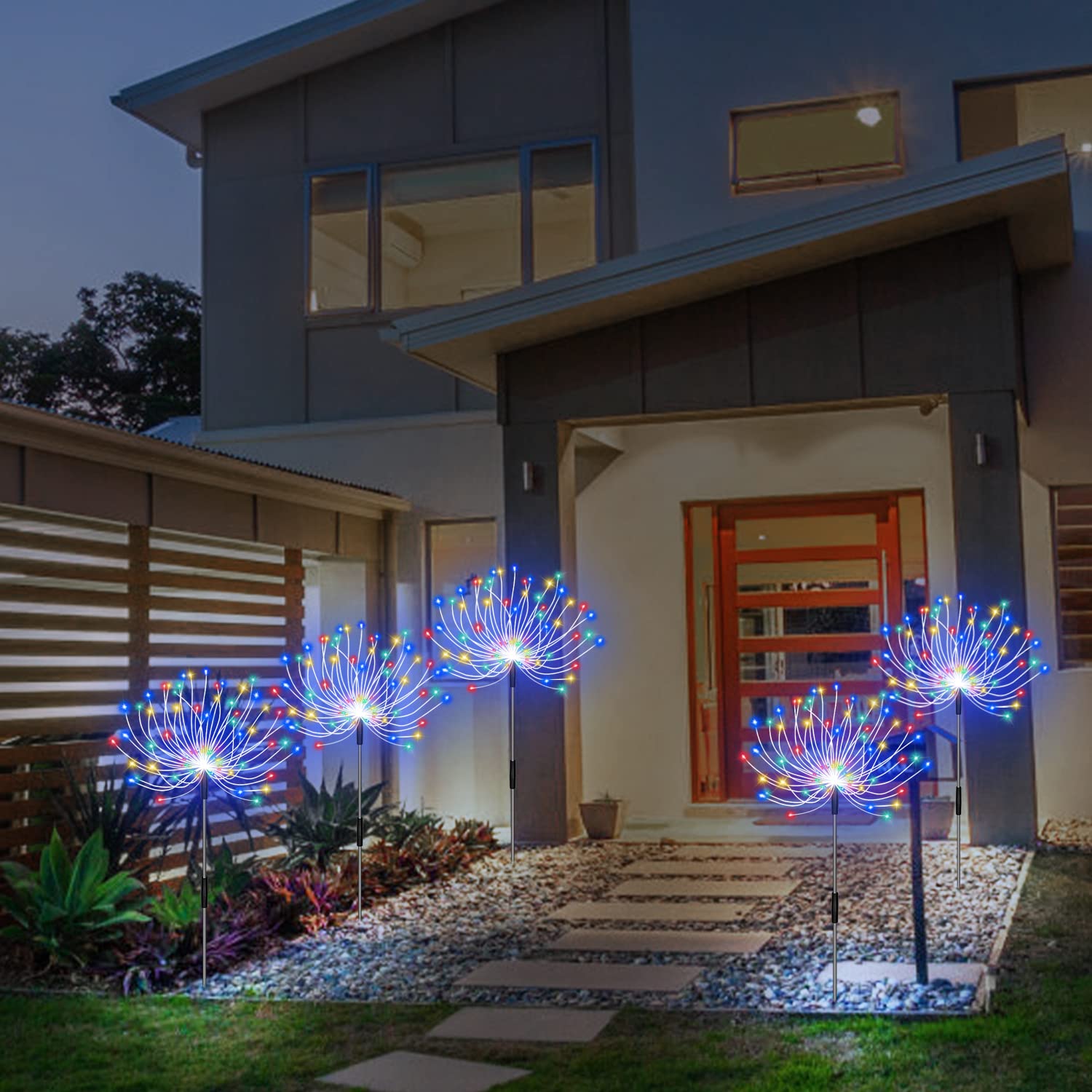 Solar Firework Lights, Garden Lights 5 Pack 120 Led Remote Control Solar Decorative Lights, Waterproof Stake Landscape Lights With 8 Flashing Modes, For Garden Pathway Courtyards Decor(Colorful)