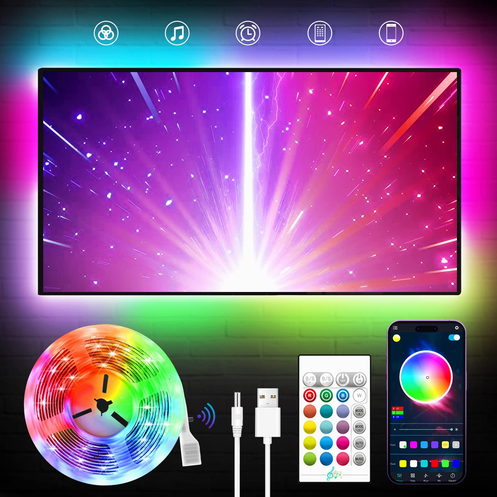 Kantutoe Led Tv Backlight Strip Lights, 23Ft For 70-100 Tvs, Rgb, Music Sync, Remote & Bluetooth Control, Multicolor, Model Ssg-002