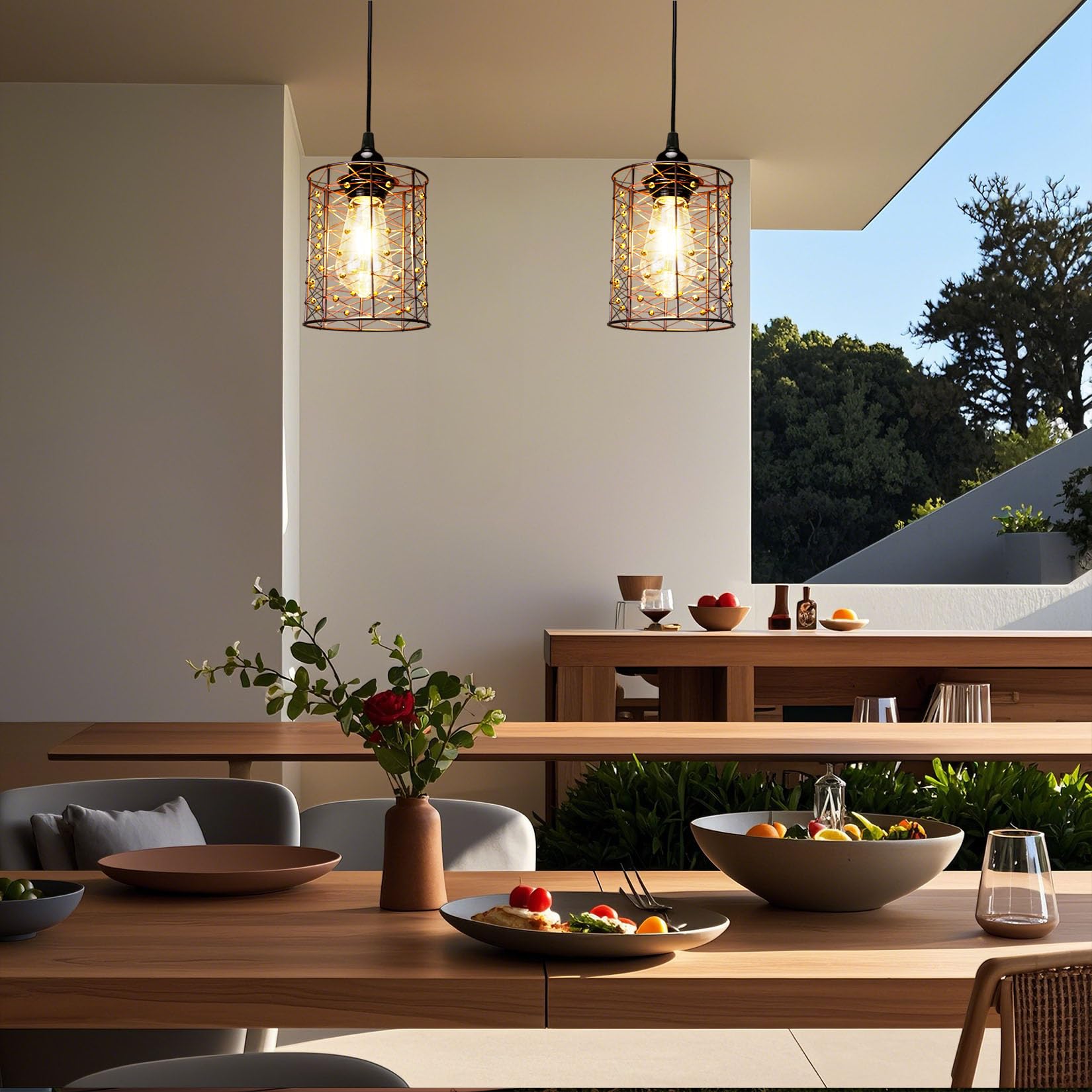 ALL FORTUNE Battery Operated Hanging Outdoor Chandelier, Copper, Reddish Brown, Small, Model KF61835-BO, Ideal for Gazebo and Patio