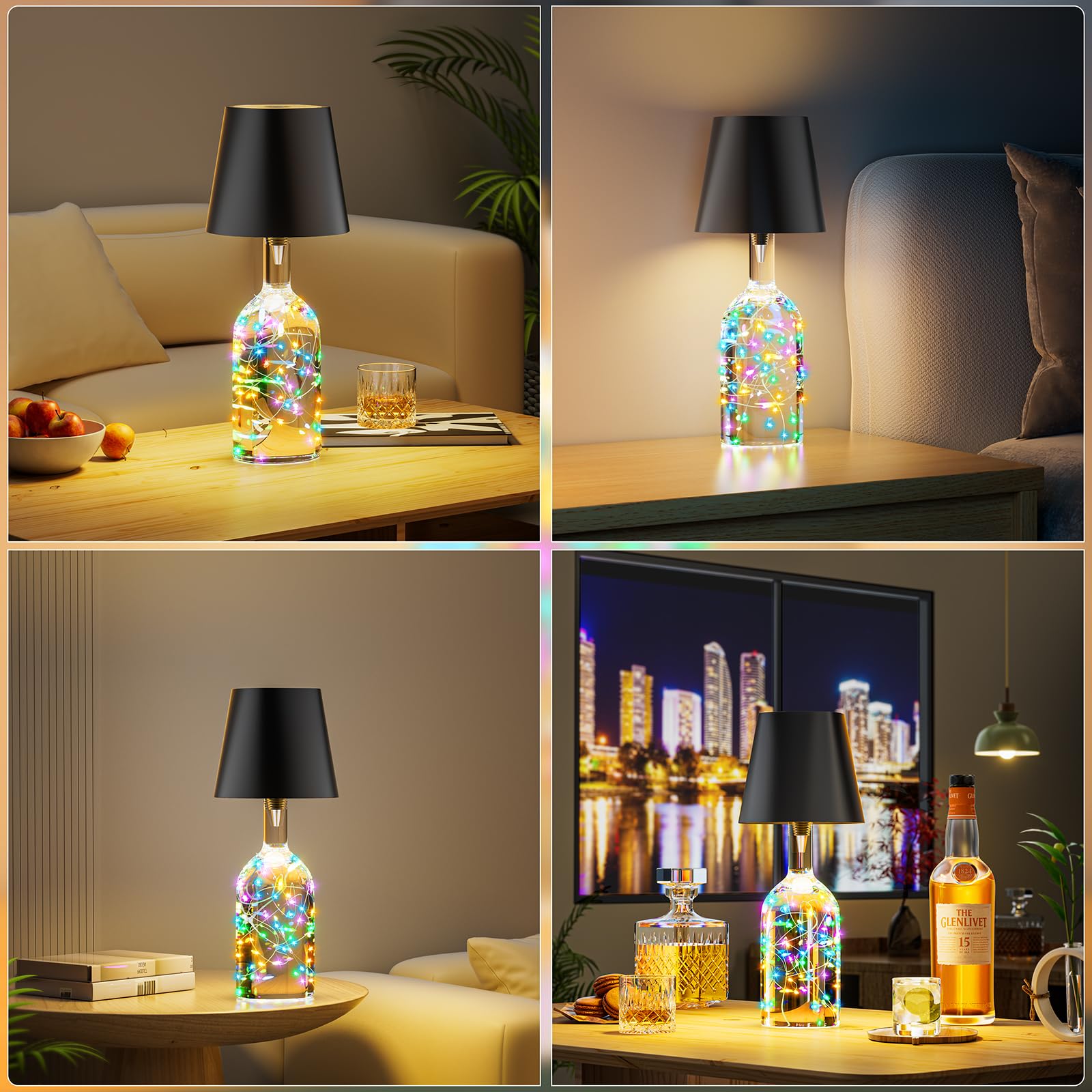 Wireless Bottle Lamp,Wine Bottle Lights With Remote,2000Mah Touch Table Lamp Shades With Rgb String Lights And Timer,5-Level Bri
