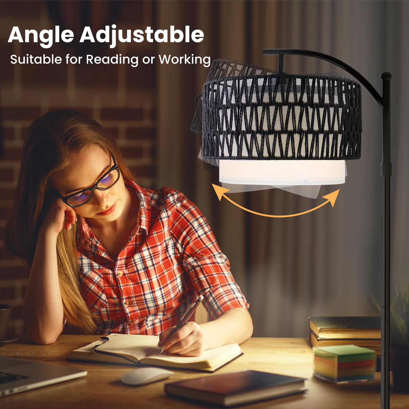 Yusist Arc Floor Lamp For Living Room,Farmhouse Floor Lamps With Remote Control & Dimmable Bulb,Black Rattan Boho Tall Standing
