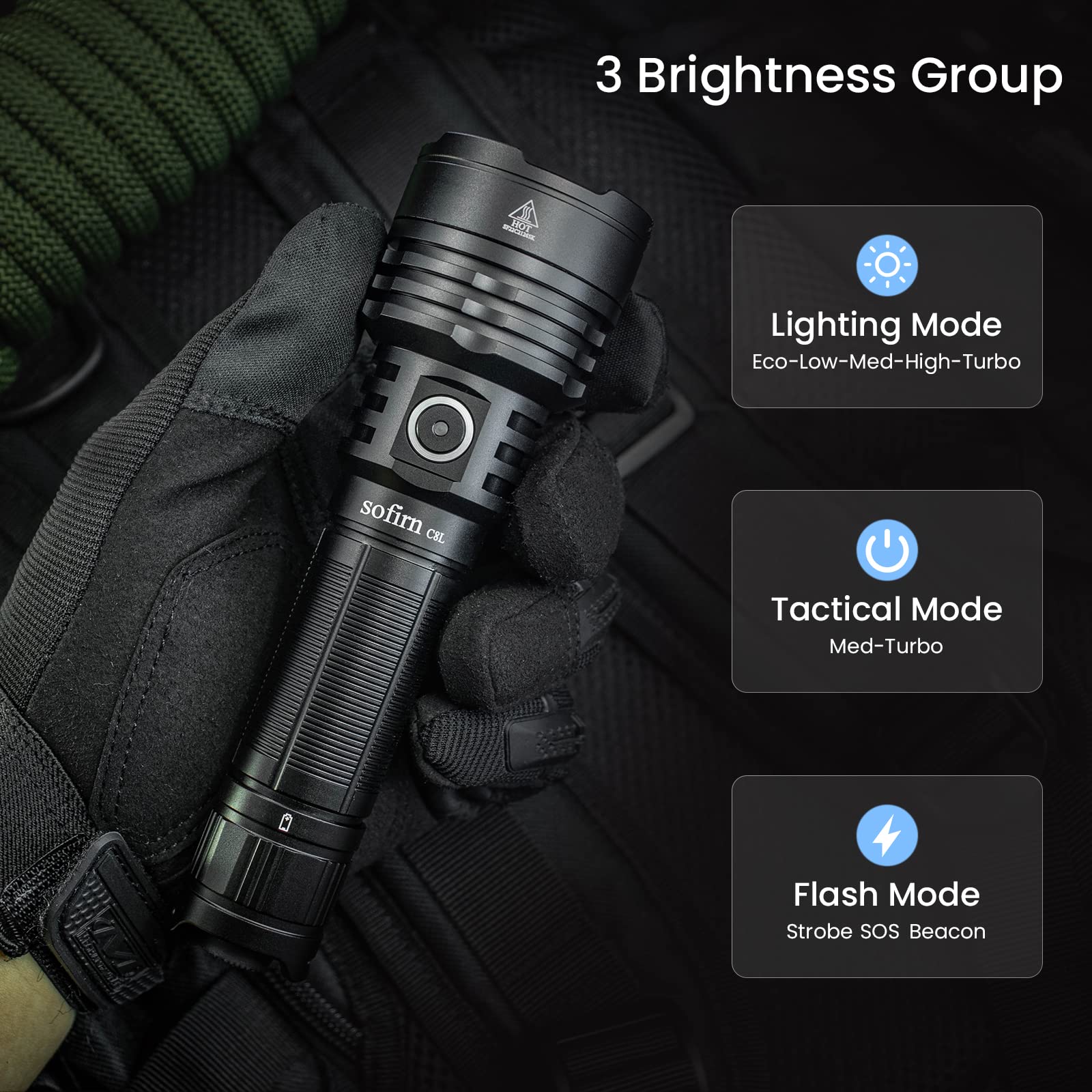 Sofirn C8L Rechargeable Flashlight - 3100 Lumens, 531m Range, IPX8 Waterproof, C8-001 Model