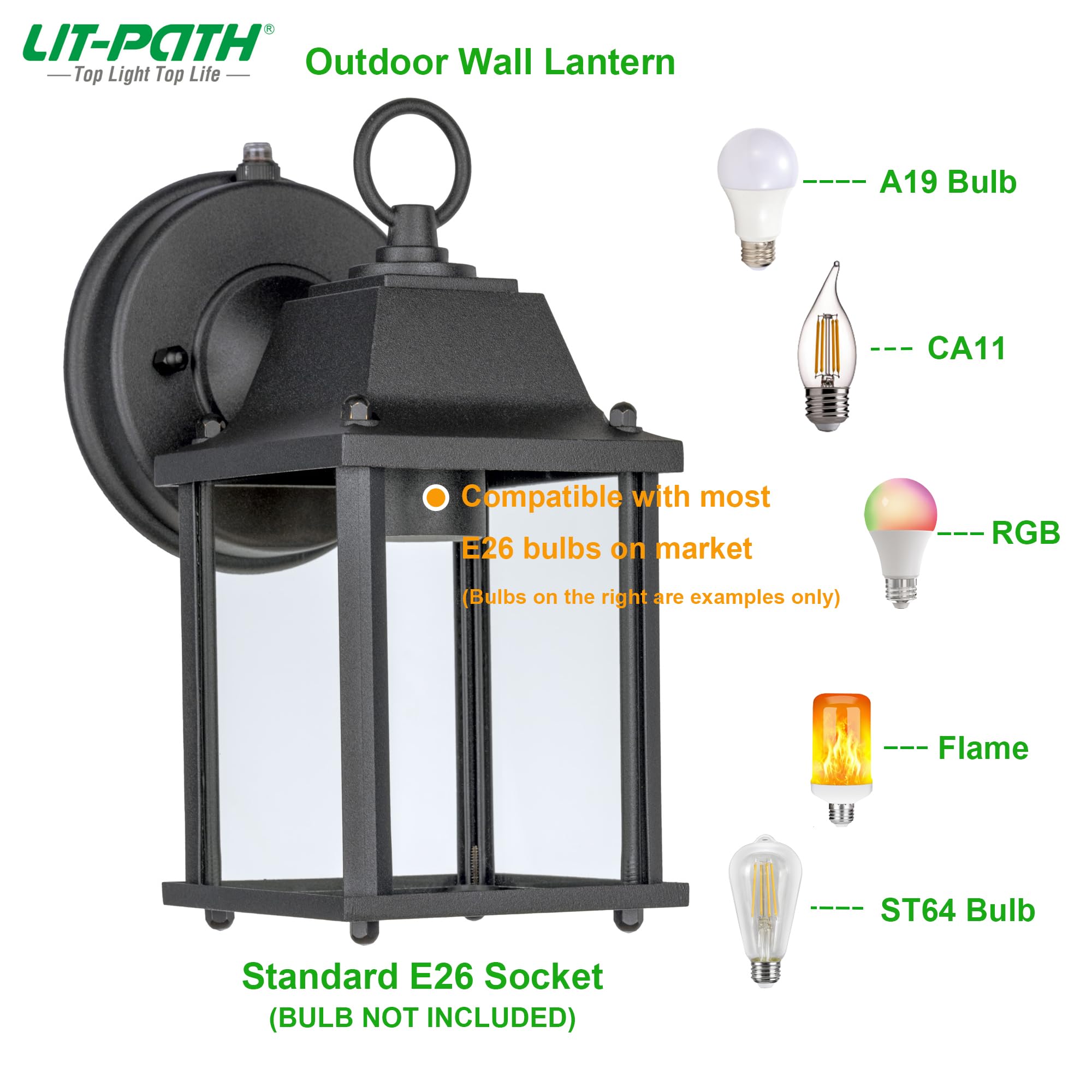 LIT-PaTH Outdoor Wall Lantern, ETL Qualified, Aluminum & Glass, 60W Max, 1-Pack, Black, Model LT-WL009