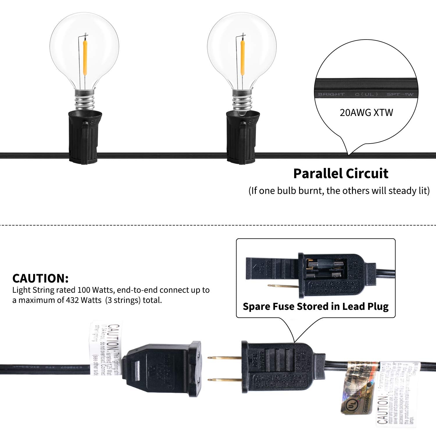 Brightown LED G40 Outdoor String Lights, 100FT, 104 Shatterproof Bulbs, Warm White, Weatherproof, E12 Socket, Model e73ccb11-45ab-443
