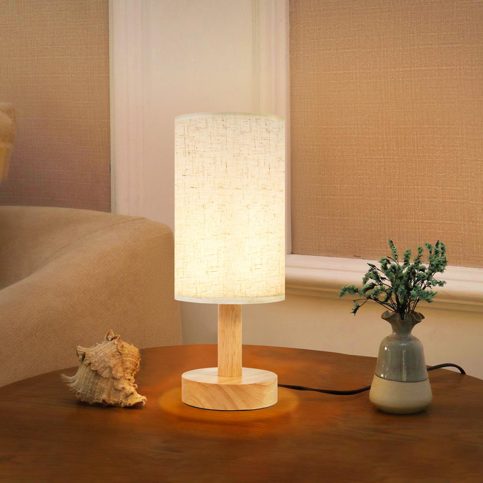 Small Bedside Table Lamp for Bedroom,Natural Round Wood Base&Fabric Linen Shade,Cozy Night Table Light for Study Reading,Minimal