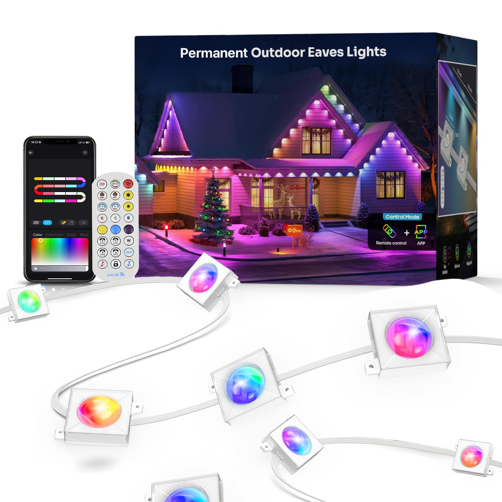 Galental Permanent Outdoor Lights-200FT RGB+IC with Smart APP & Remote Control 120 LED Lights 72 Scene Modes  IP65 Waterproof String Lights for Christmas Yard Decorations(Extension Cord Not Included)