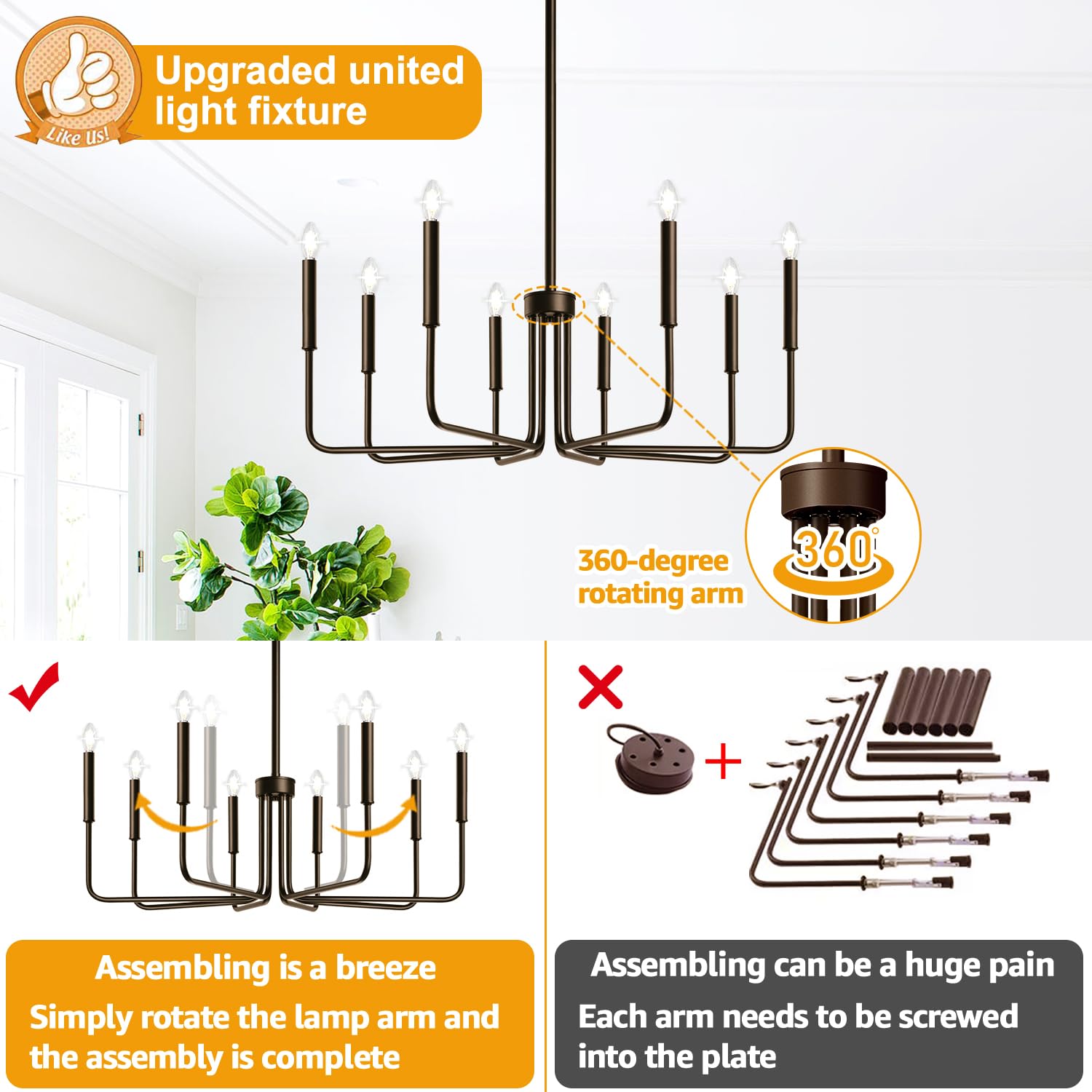 Lynnoland 8-Light Farmhouse Chandelier, Oil-Rubbed Bronze Metal Fixture for Dining Room, Foyer, Kitchen, and Living Spaces, Model L220028P8