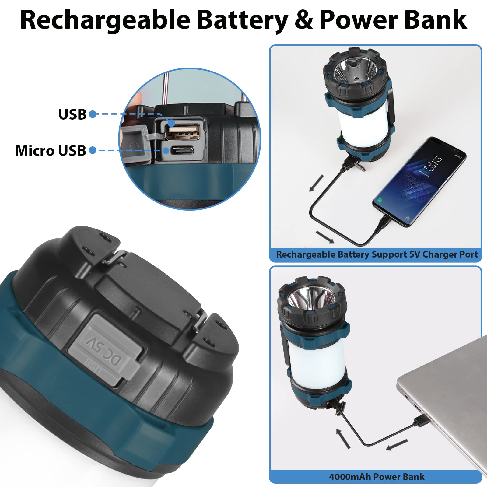 2 Pack Camping Lantern, Outdoor LED Camping Light, Rechargeable Flashlights with 1000LM, 6 Modes, 4000mAh Power Bank, IPX5 Water