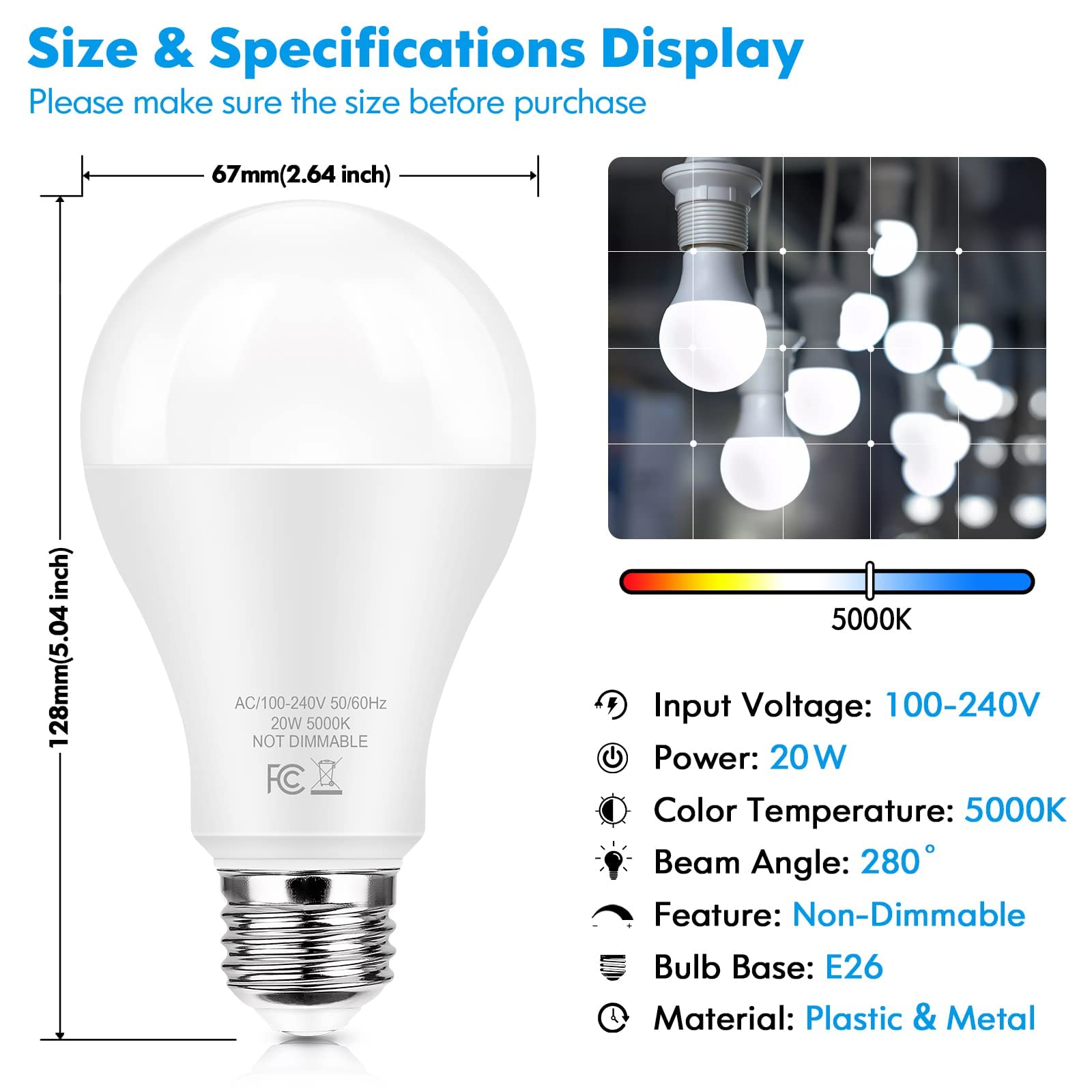 Led Light Bulbs 150 Watt Equivalent, 2200 Lumen Super Bright Light Bulbs, Daylight White 5000K, A21 20W Led Bulb E26 Base, Non-D