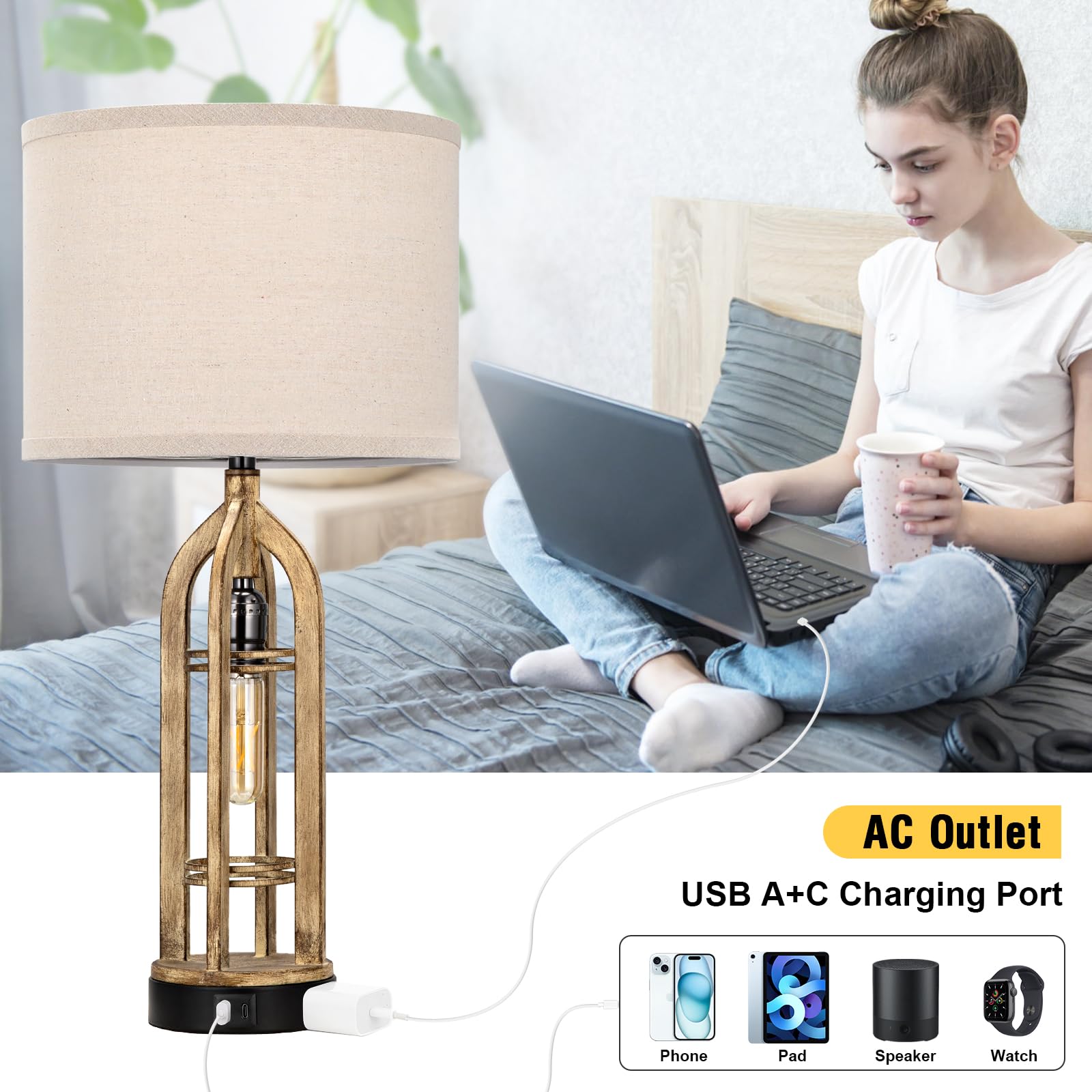 Seealle Table Lamp Set of 2 - 3-Way Dimmable Touch Lamps, D. Oat Shade & Wood-like Body, Model 09164, Farmhouse Design for Living Room