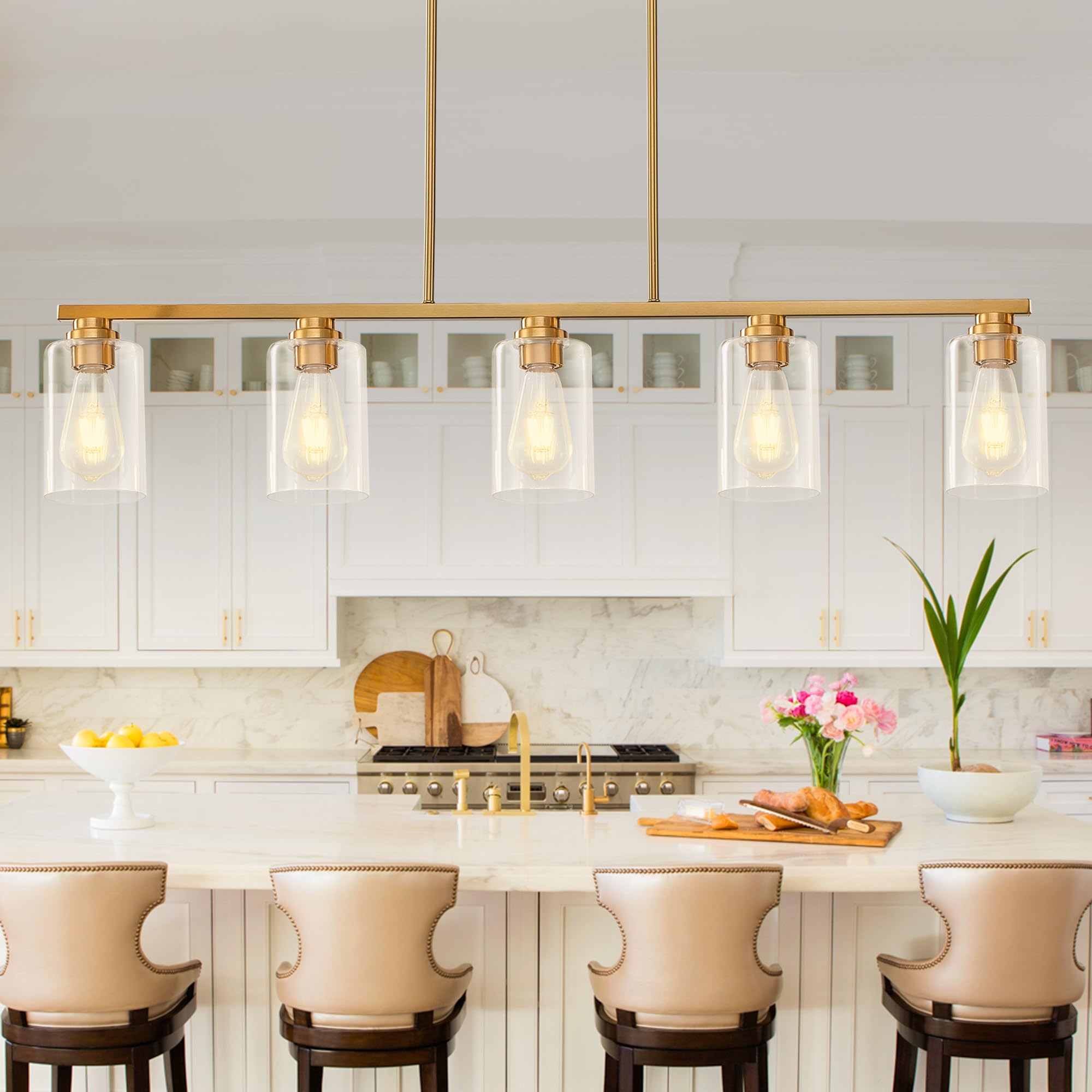 Mecgirn 4-Light Linear Chandelier Pendant - Brushed Gold Metal Light Fixture for Kitchen Island & Dining Room, Model D0017-4-G