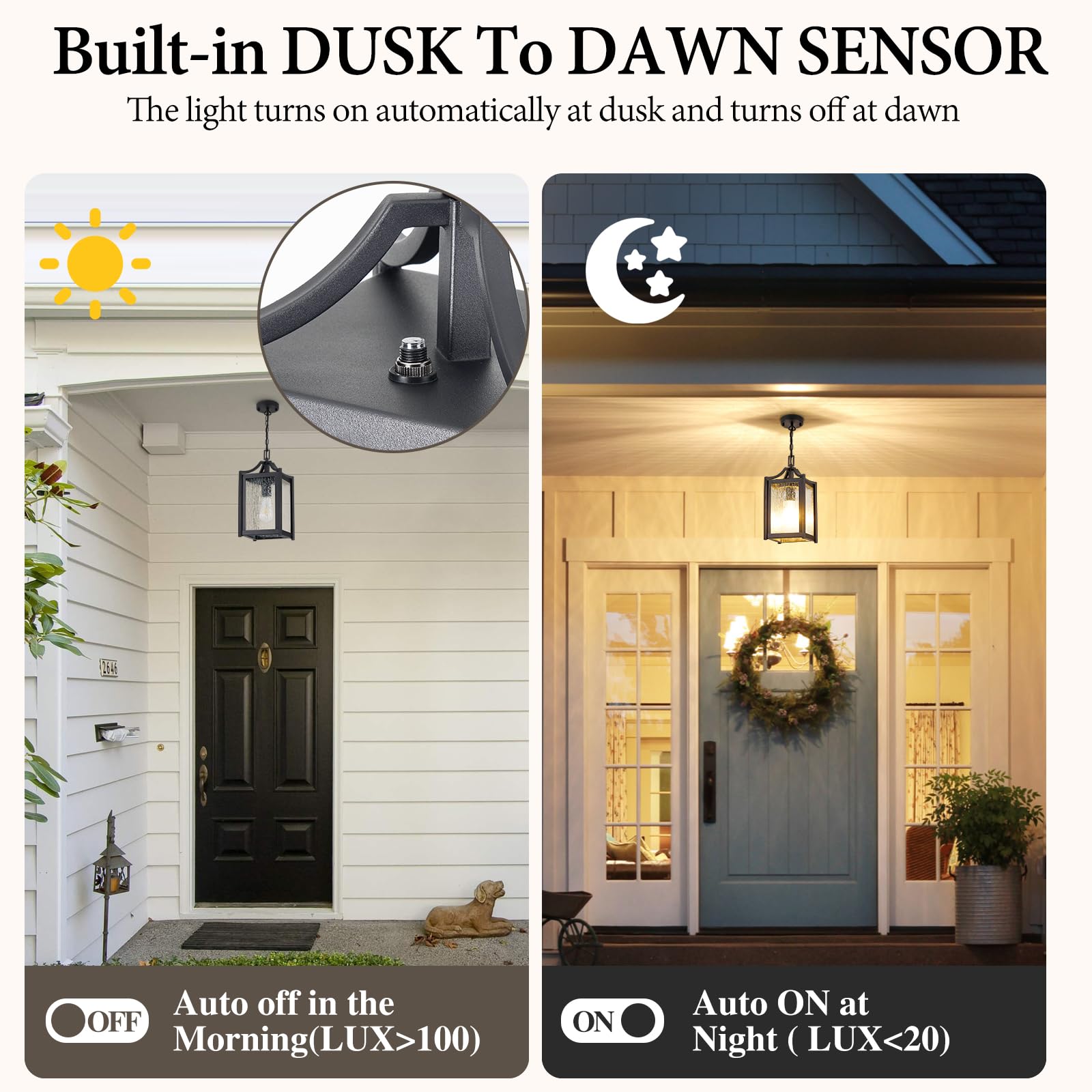 Osimir Outdoor Pendant Light - Modern Black Chandelier with Dusk to Dawn Sensor, Raindrop Glass, Adjustable Chain, Model OS-KY1003
